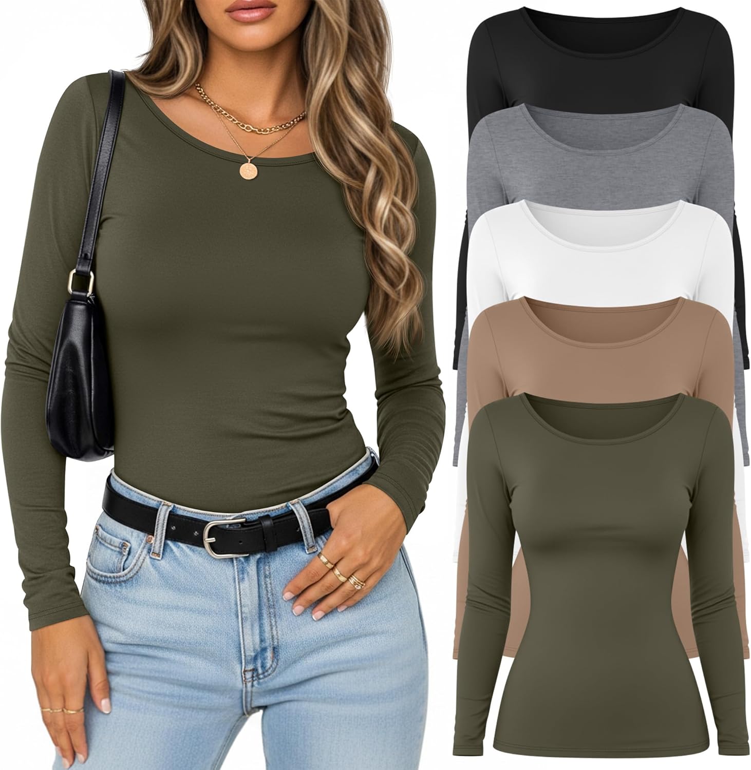 5 Pack Women's Long Sleeve Shirts Scoop Neck Tops Slim Fit Stretchy Undershirts Casual Base Layer Multipack