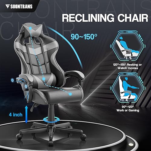 Miniatura 5 de Soontrans Silla roja para juegos, silla de computadora con soporte lumbar de masaje y reposacabezas, silla de escritorio de ajuste de altura con