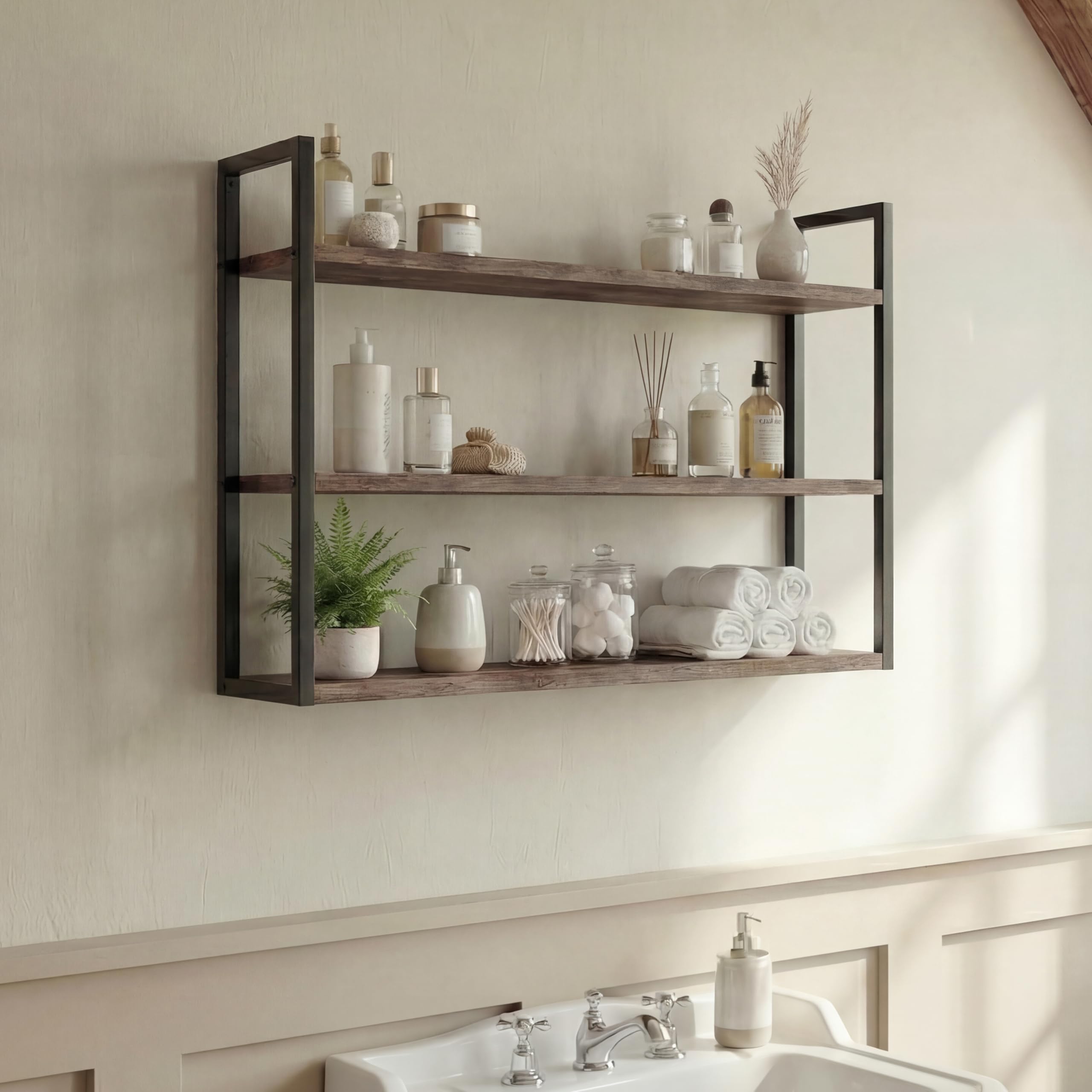 Bath Vida 3 Tier Wall Mounted Shelving Unit | Industrial Style Bathroom Shelf | Rustic Wood & Black Frame | Open Display Storage Rack | FSC 100% | 24D x 60W x 48H cm
