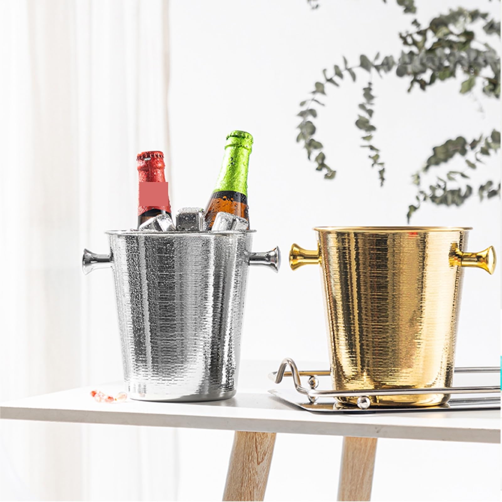 Cubo Hielo Cubo De Champán Metal, Hielo Martillado For Fiestas Y Bodas Accesorios Barra(Blue,Silver,2L)