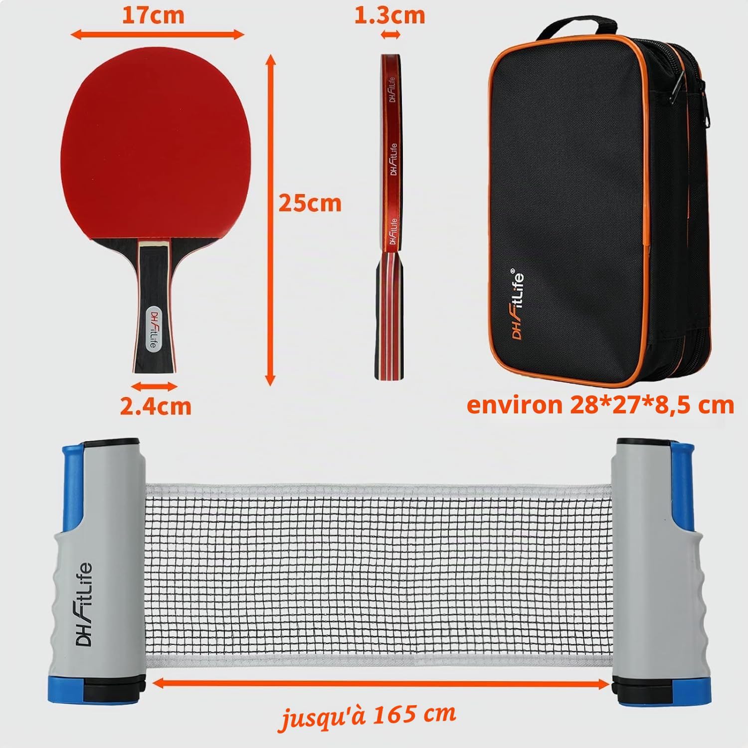 DH FitLife Set de Raquettes de Tennis de Table pour 2 Joueurs avec Filet Mobile Extensible, 3 balles de ping-Pong et 2 Raquettes avec Sac de Rangement, kit de Tennis de Table avec Filet