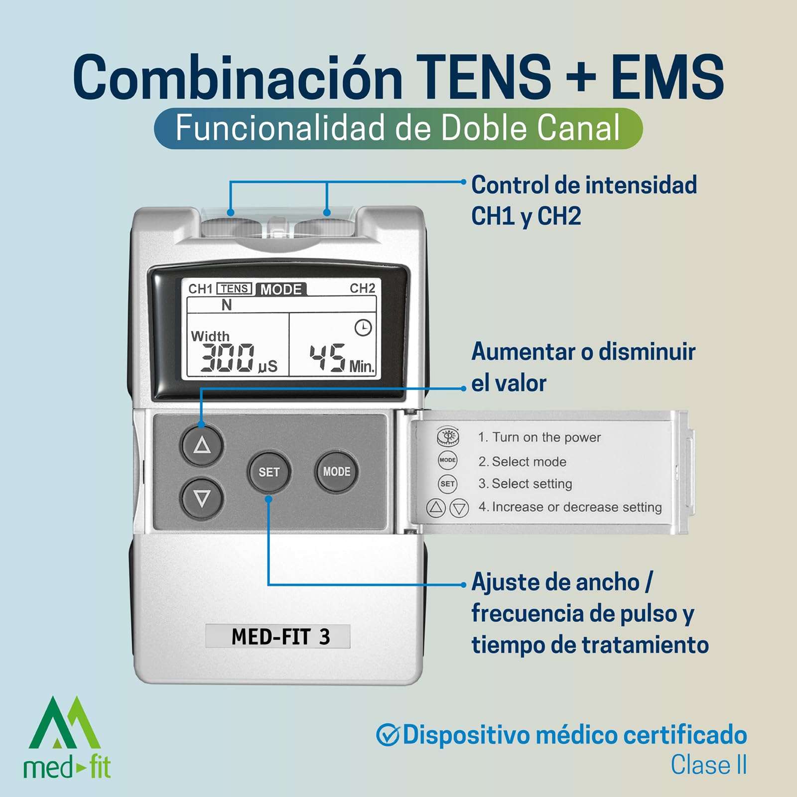 Med-Fit 3 Electroestimulador TENS y EMS - Dispositivo Médico Clase IIa para Dolor de Espalda, Ciática, Artritis, Rodilla, Hombro y Rehabilitación Muscular