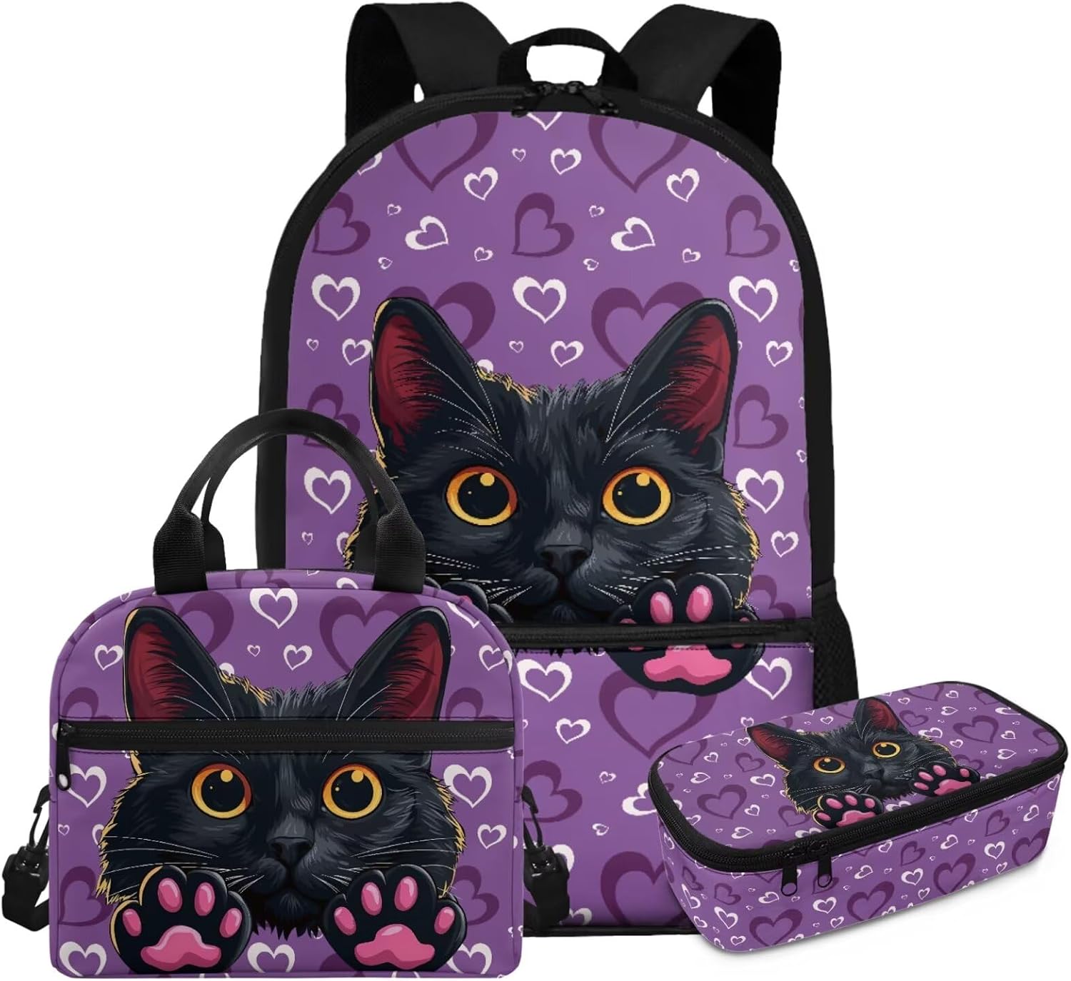 3 Pieces Purple Cat Backpack for Girls 10-12 Cute Middle School Bag Set for Toddler Preschool Elemenary Cute Kids Bookbag with Lunch Box and Pencil Box Walking Book Bag