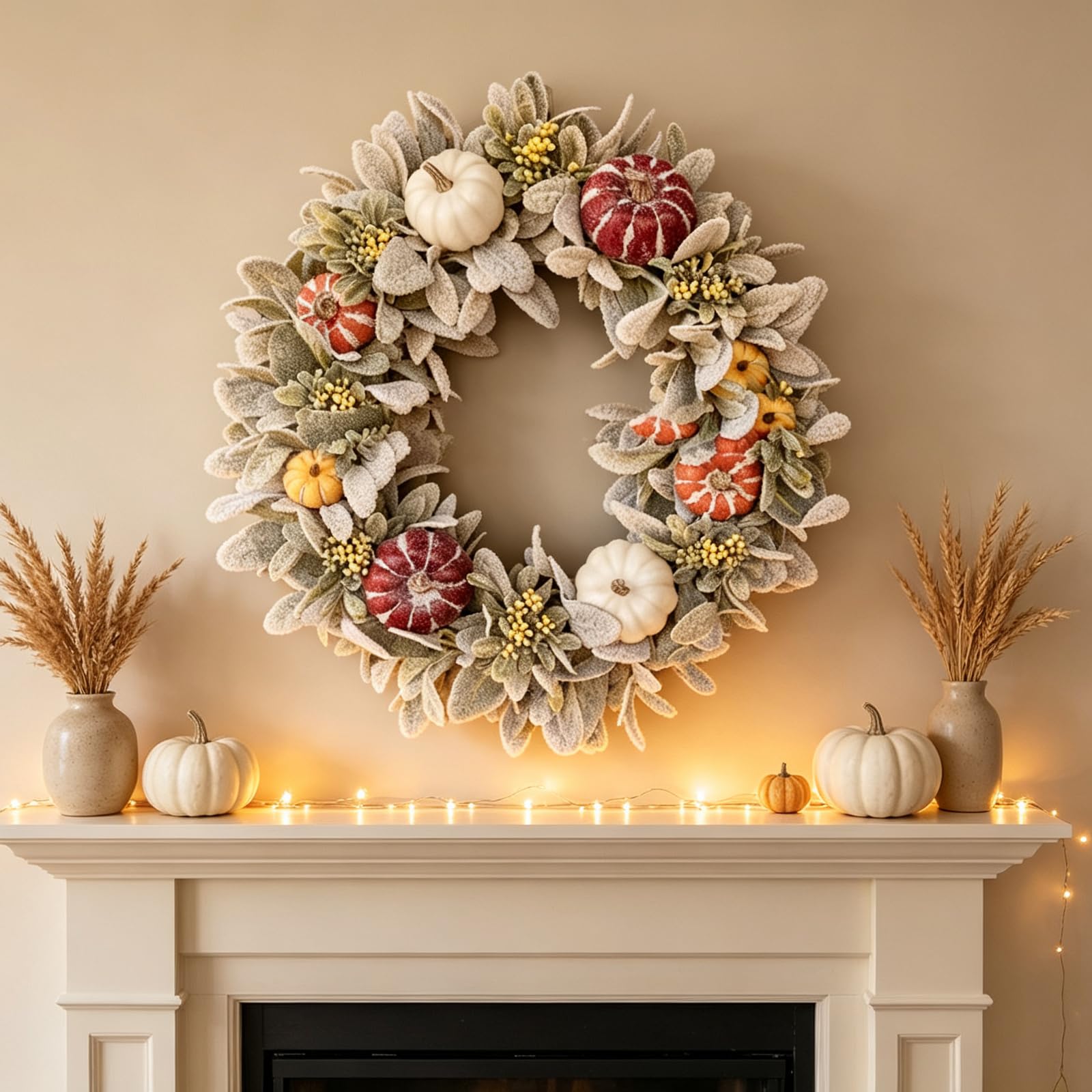 Halloween Wreath, Artificial Fall Pumpkin Lambs Ear Wreath 45cm Autumn Mini Pumpkin Greenery Wreath for Front Door Multi-Scene Indoor Outdoor Thanksgiving Harvest Decor (45CM)