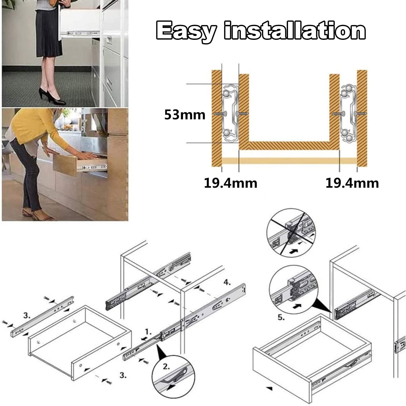 1 para prowadnic do szuflad z funkcją miękkiego domykania, prowadnice 300 mm i 800 mm — prowadnice szuflad z pełnym wysuwem, — dodatkowe miejsce do przechowywania — zdejmowane i łatwe w konfiguracji —
