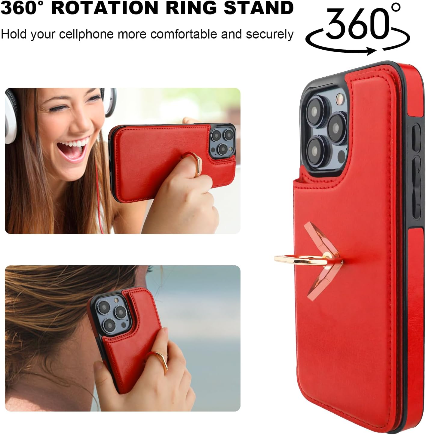 Onetop for iPhone 15 Pro Max Wallet Case with Card Holder, 360° Rotation Ring Kickstand RFID Blocking PU Leather Double Magnetic Clasp Shockproof Cover for Women and Girls 6.7 Inch (Red) - Image 5