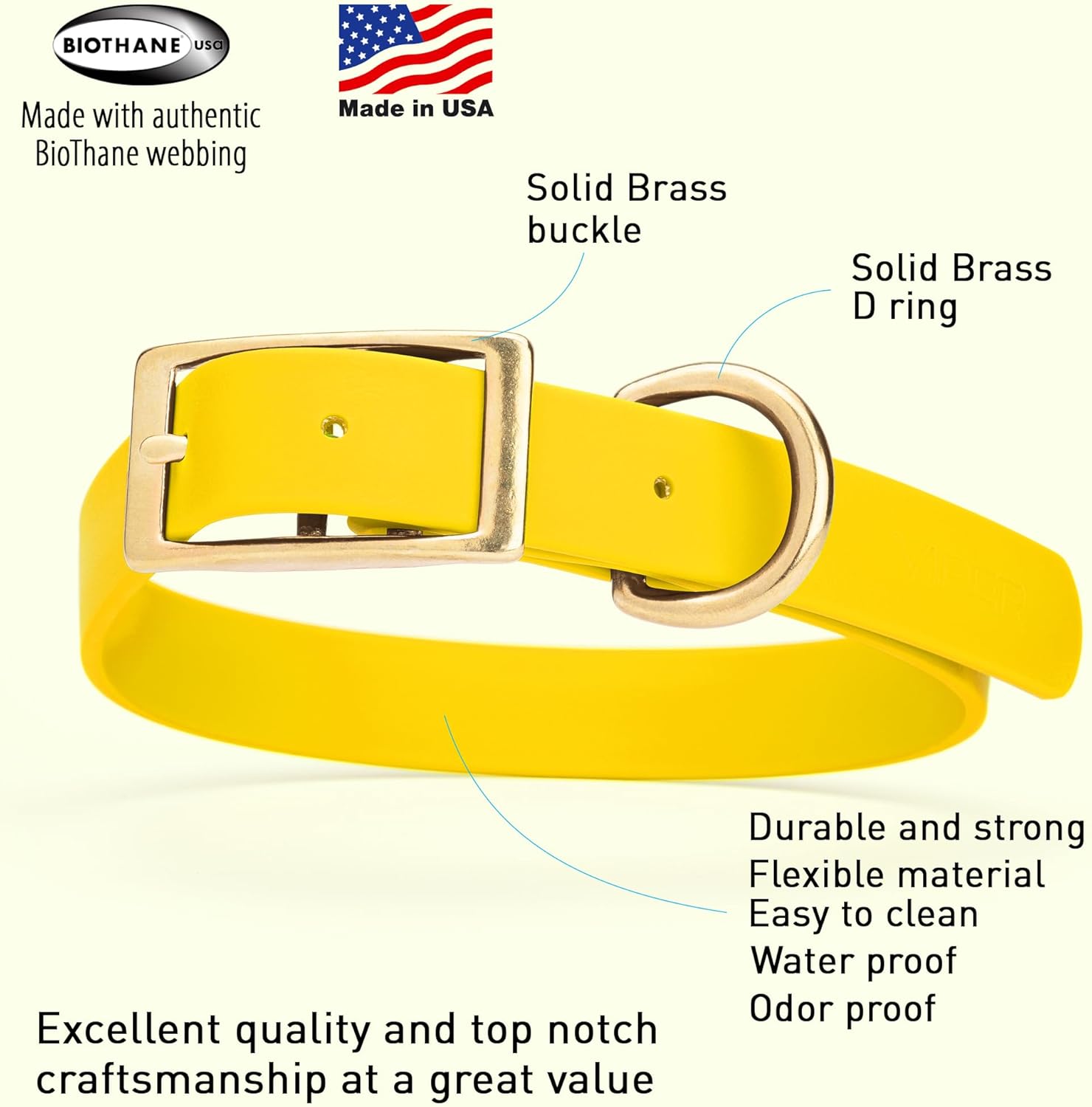 Viper Biothane Heavy Duty Waterproof Dog Collar Strong Coated Nylon Webbing w/Solid Brass Hardware Odor-Proof for Easy Care to Clean High Performance Fits Small Medium or Large Dogs, Lemon Yellow