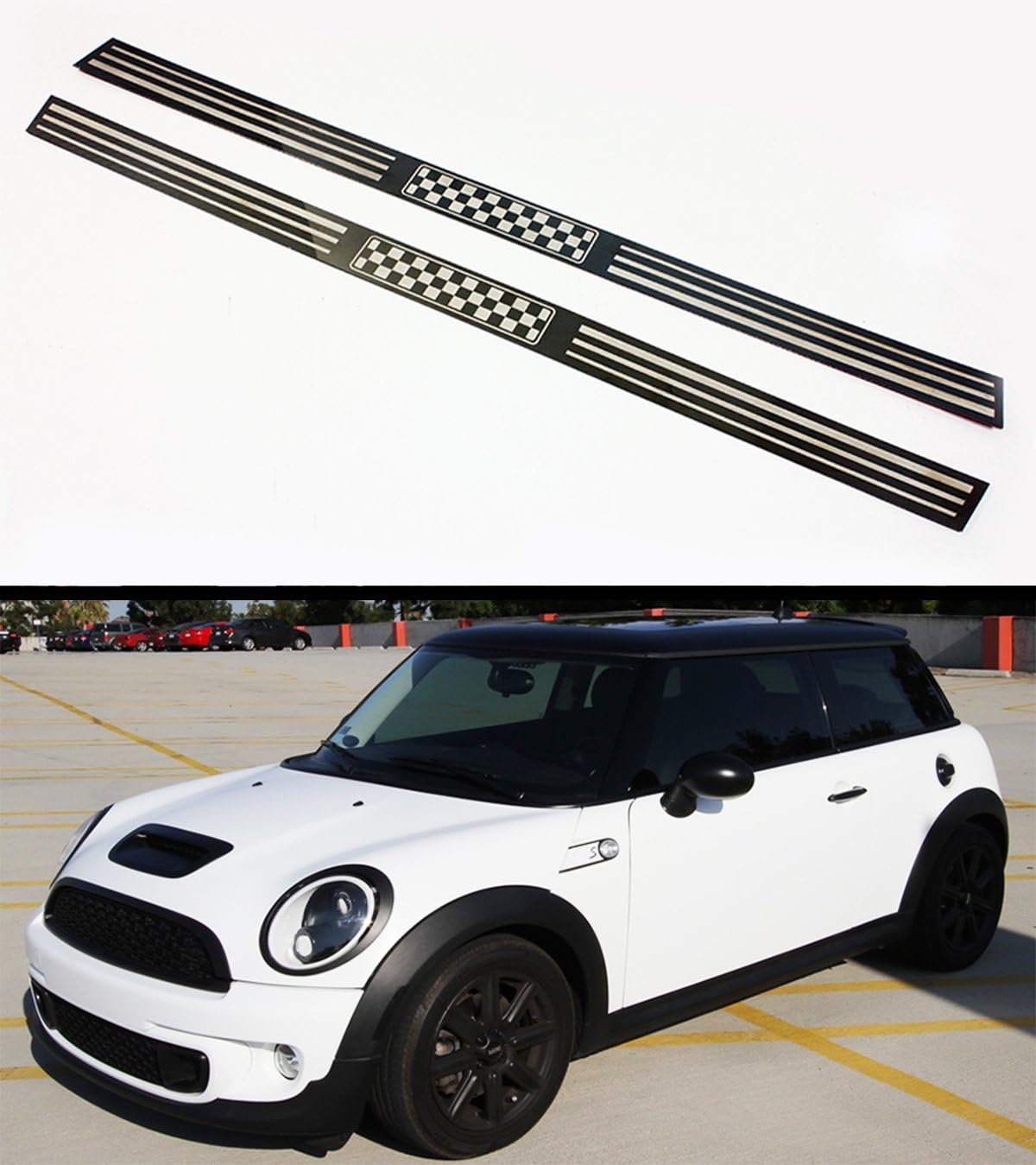 Entry Door Sill Trim Cover with Black White Checkered Flag Replacement Compatible For 2007-2014 Mini Cooper R56 R57