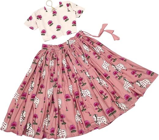 DRISHIV ENTERPRISE Trendy Girls Printed Lehenga Choli Set | Lotus & Cow Flared Skirt with Cream Short Sleeve Blouse | Kids...