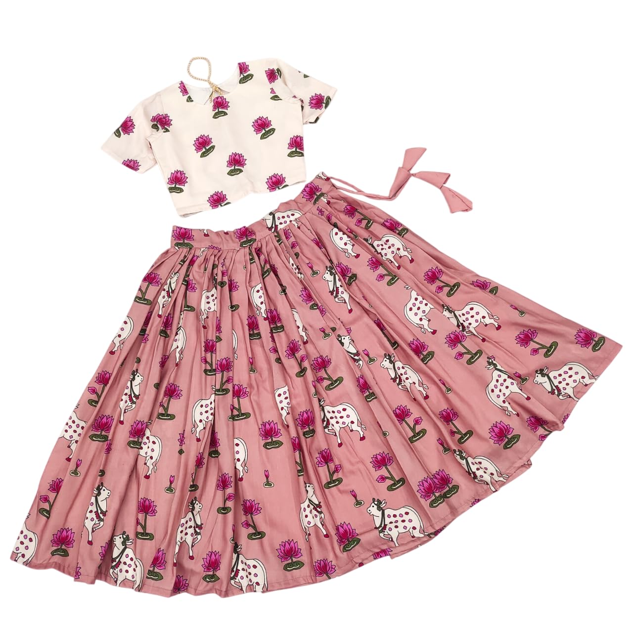 DRISHIV ENTERPRISE Trendy Girls Printed Lehenga Choli Set | Lotus & Cow Flared Skirt with Cream Short Sleeve Blouse | Kids... - Review, Price and Buying Guide