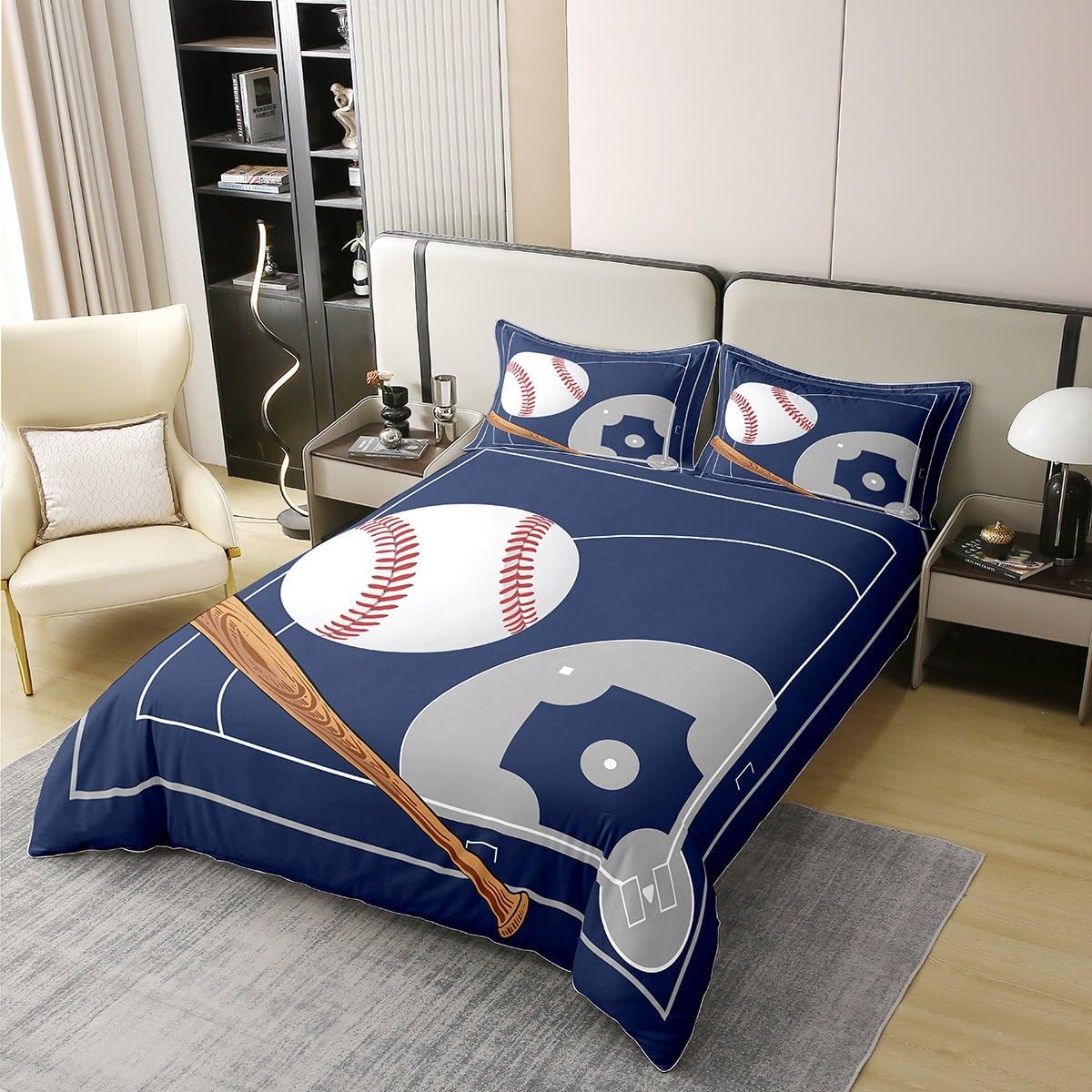 Retro Navy Blue Cotton Duvet Cover,Sports Theme Baseball Game Lover Breathable Comforter Cover (Not Comforter),Baseball Bat Vintage Country Decor Comforter Cover 2 Pcs with 1 Pillowcase Queen