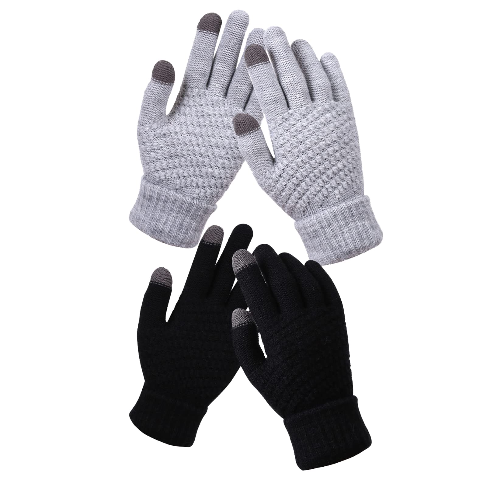 YuZhou 2 Pairs Touch Screen Gloves, Knitted Gloves Winter Texting Thermal Soft Lining Glove Fleece Lined Knit Warm Women Glove Winter Finger Mittens Knitted (Black &Grey)