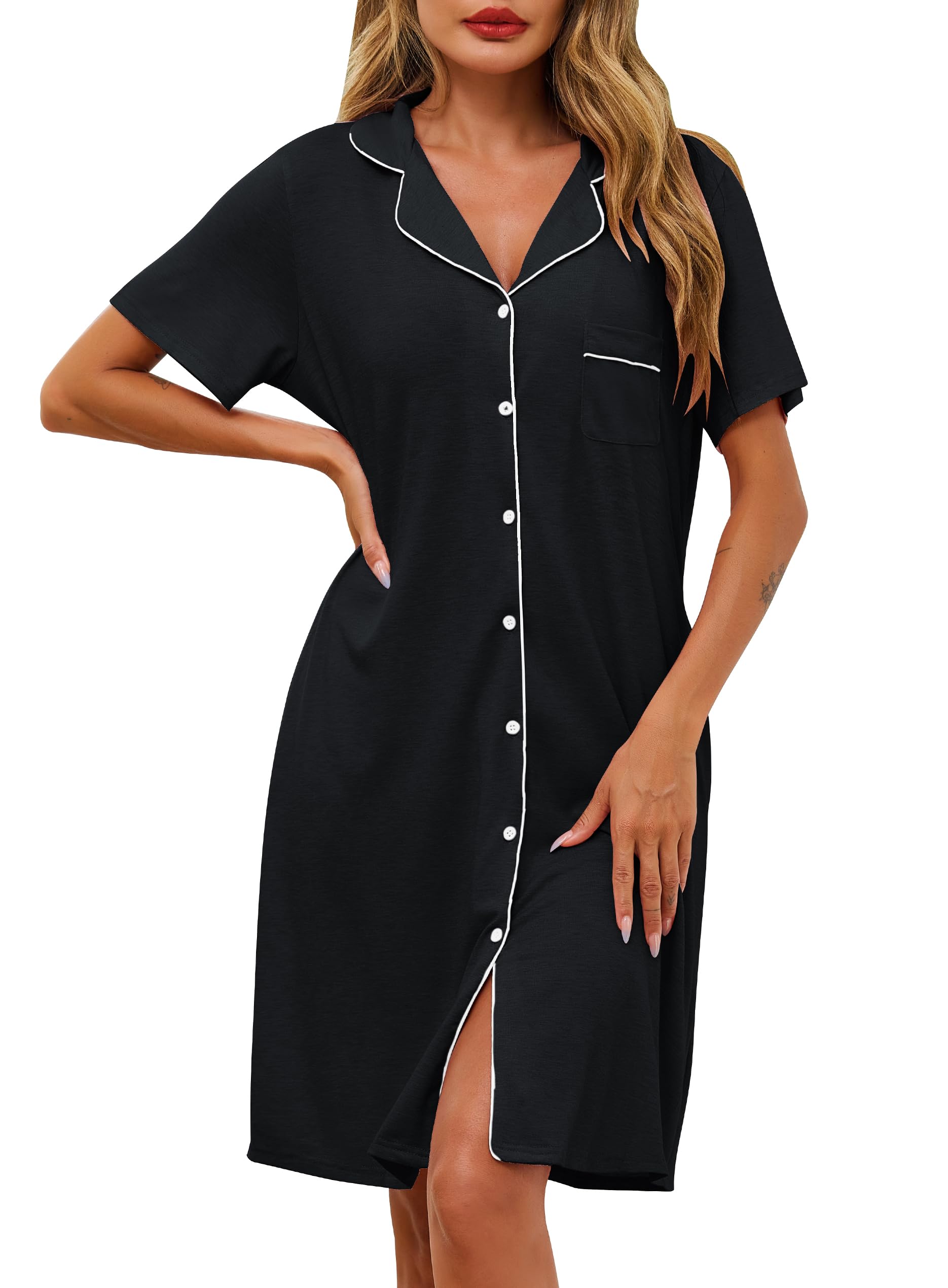 Lovasy Nachthemd Damen Kurzarm Baumwolle Schlafshirt mit Knöpfen Sommer Nachtkleid Sleepshirts mit Taschen