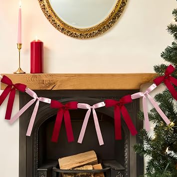 2 Pieces Valentines Bow Garland Banner 6.7Ft Pink and Red Bow Pre-Strung Satin Ribbon Garland Banner for Valentines Day Mantel Decor Galentines Party