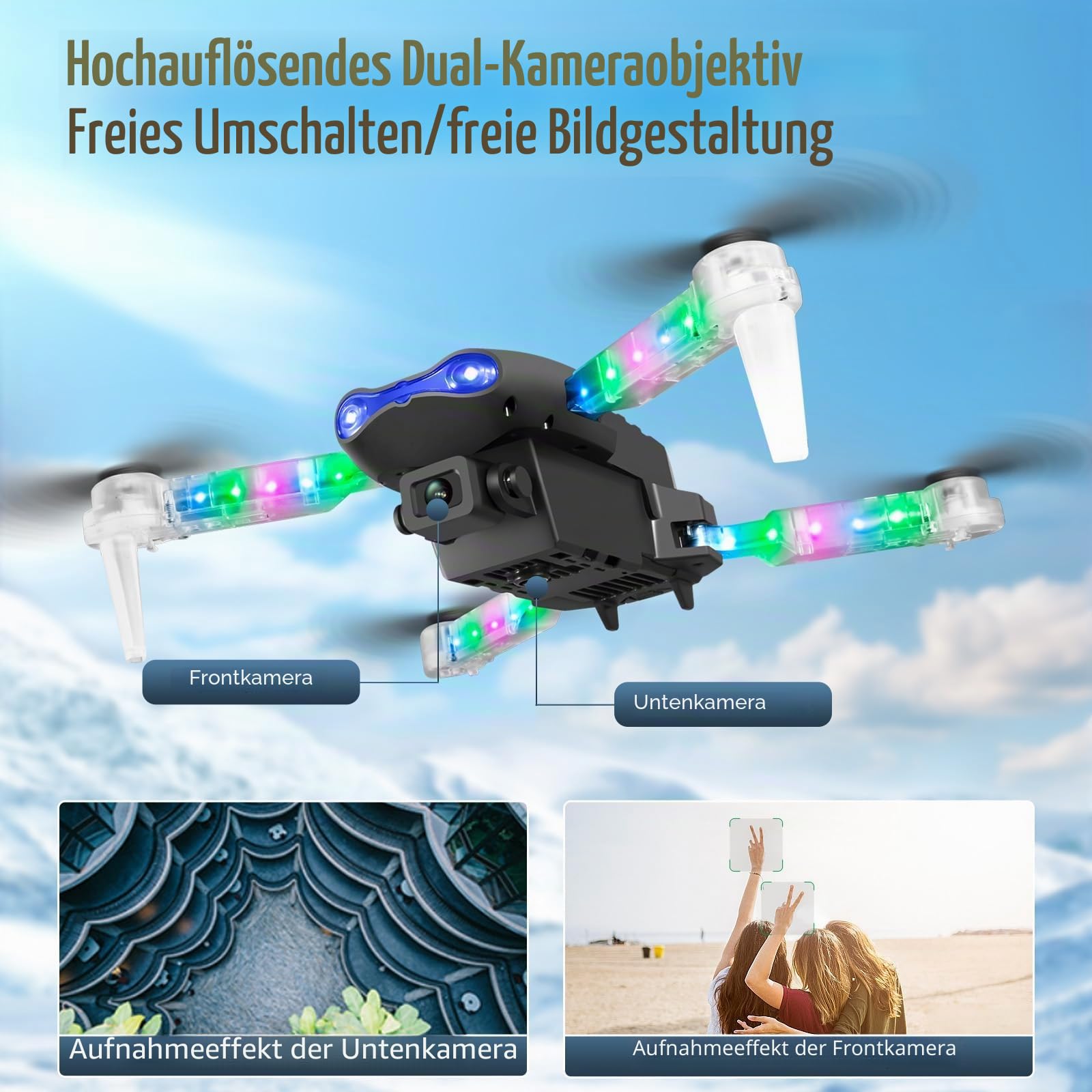 OBEST Drohne mit Kamera 1080P mit LED Lichter für Erwachsene RC FPV Drone | Faltbar Quadcopter mit WiFi Übertragung, One Key Start/Landen, 3D Flips, 2 Akkus, Spielzeug Geschenke für Jungen Mädch