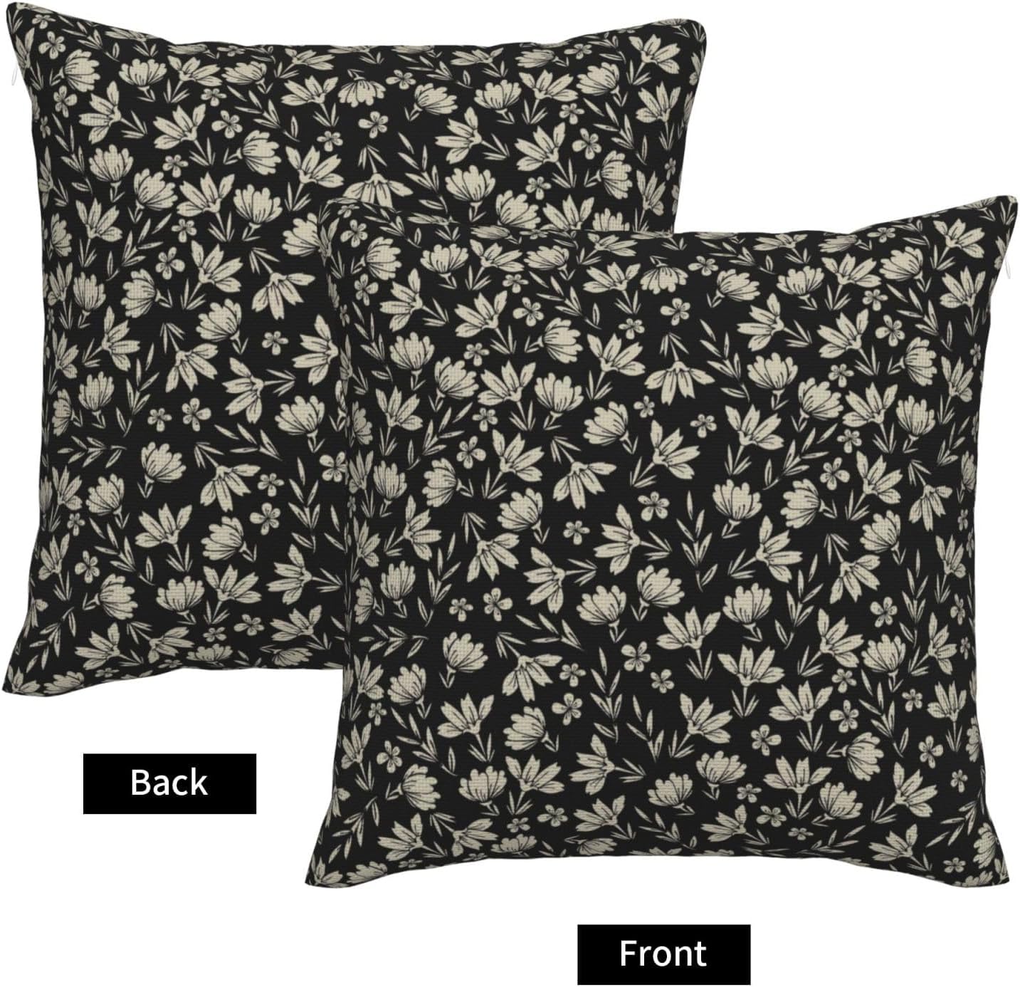 Black Floral Throw Pillow Covers Vintage Rustic Flowers Square Pillow Cases 24x24 Inch Set of 2 Cute Small Flower Cushion Cover Decorative Pillowcase for Living Room Sofa Couch Bed