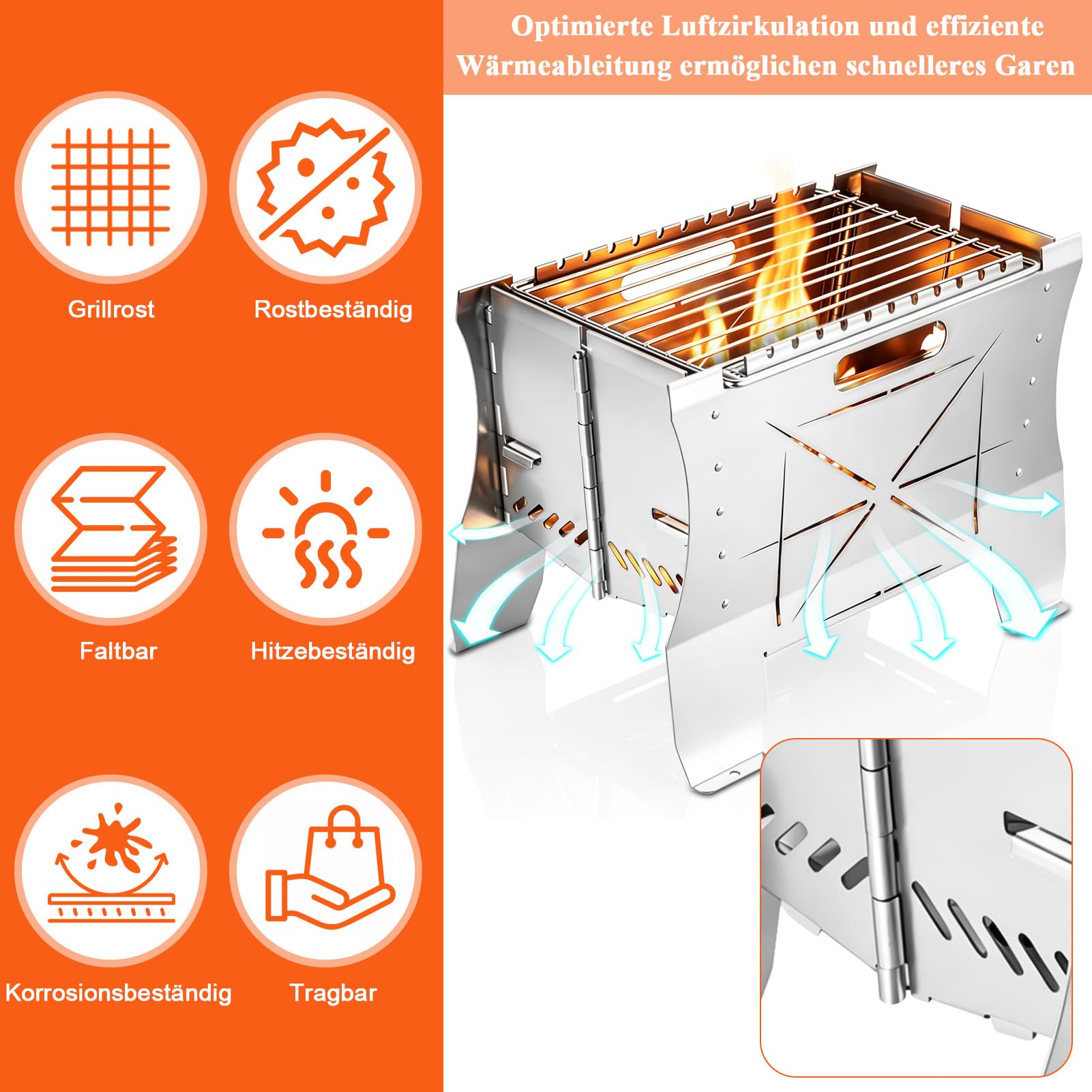 Grill Gas - 26.5×21×38cm Mobiler Gasgrill Klein, Tragbarer Edelstahl Campinggrill | Gas & Holzkohlebetrieb - Faltbarer Campingkocher Propangas-Grills mini für Camping, Balkon, Garten, Outdoor