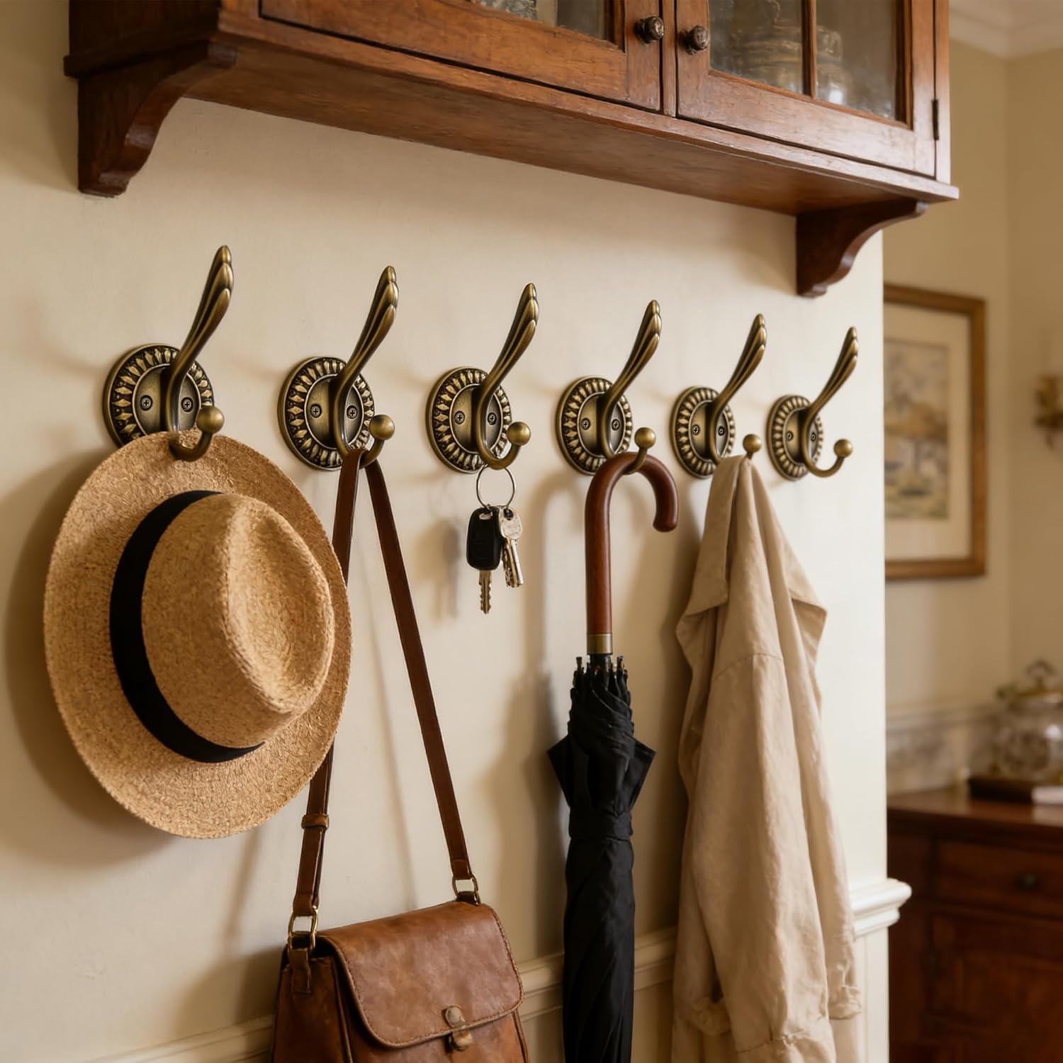 Premium Antique Brass Hooks 6-Pack - Heavy Duty Brass Coat Hooks for Wall, Vintage Brass Wall Hooks for Hanging Coats, Bags - Decorative Rustic Coat Hooks for Entryway & Bathroom - Antique Bronze