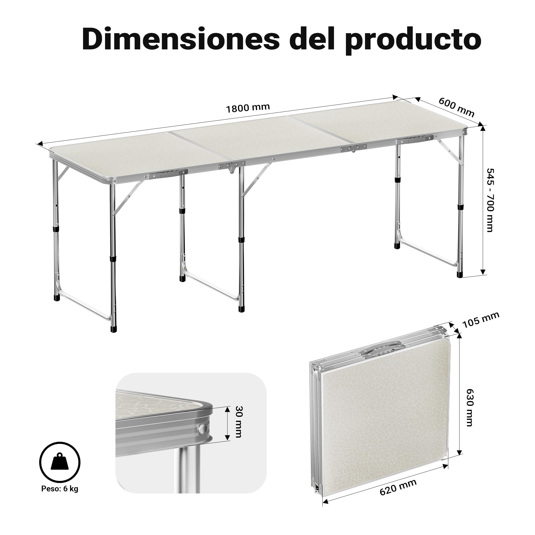 Mesa de Camping Plegable 180x60x70cm Ajustable en Altura 55/62/70cm portátil Multifuncional