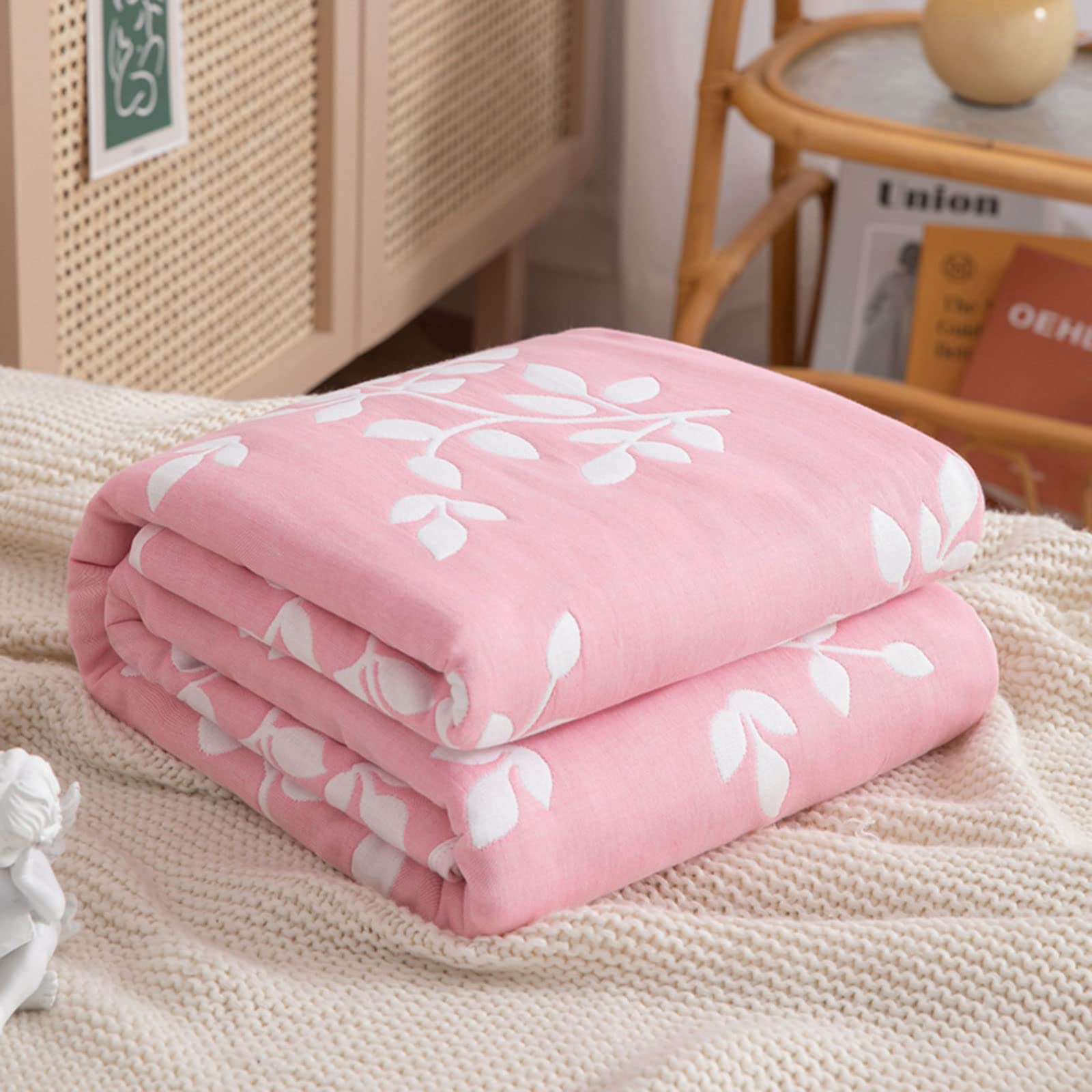 Cotton Throw Blanket, 6 Layer Soft Cotton Yarn, Thin Bed Blanket Single Size, For Kids Child Adults, Leaf Powder 90x100cm
