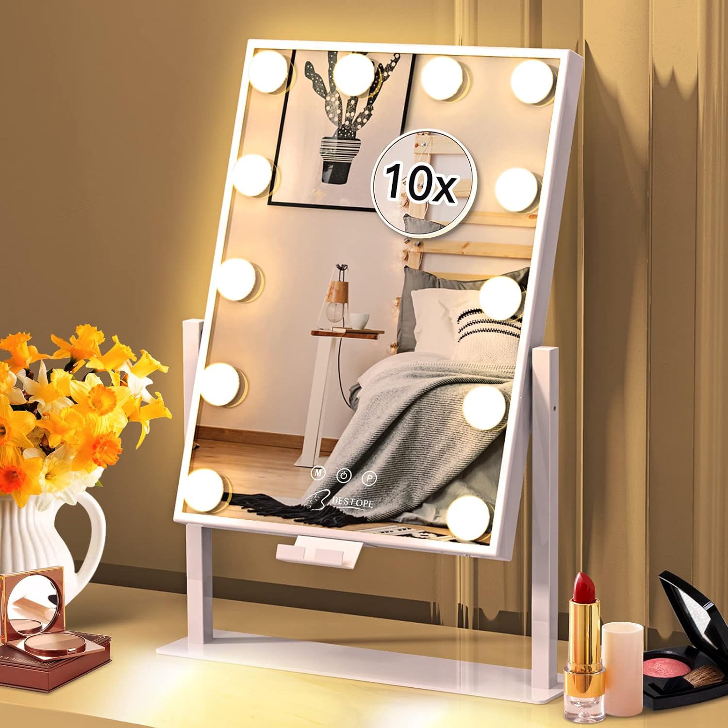 Vanity Mirror with Lights Hollywood Mirror Lighted Makeup Mirror with Phone Holder,3 Color Lighting Modes Detachable 10X Magnification Mirror,14x21 Inch,Touch Control,360°Rotation : Beauty & Personal Care