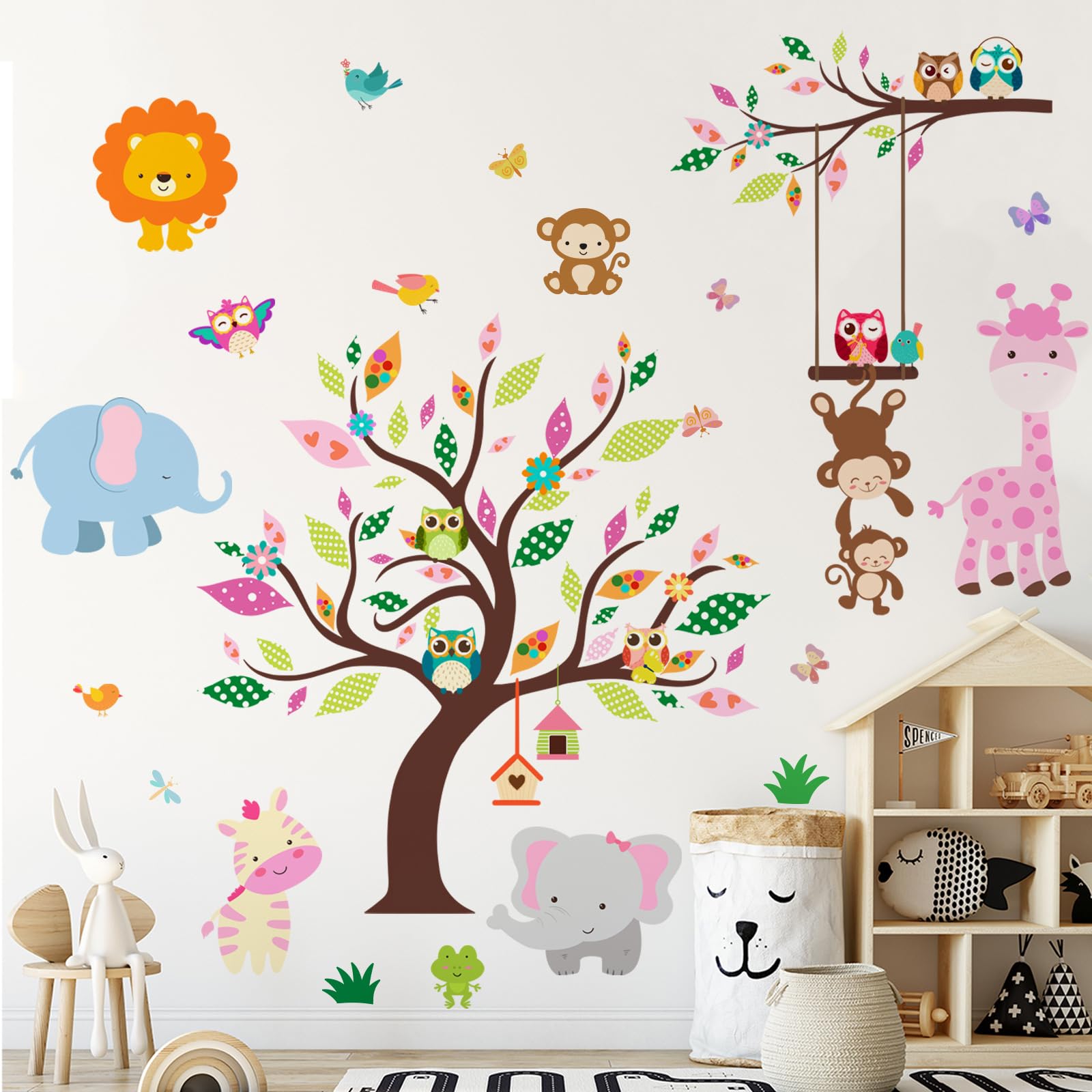 Tanlaby Jungle Animals Tree Wall Stickers - Watercolor Decals For Nursery, Bedroom, Living Room