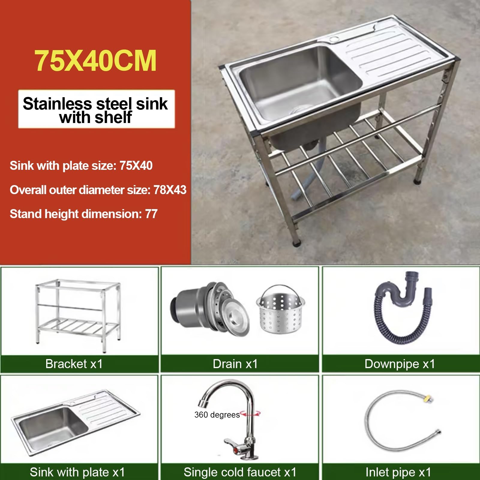 Fregadero De Cocina Comercial Fregadero Acero Inoxidable De Acero Inoxidable Con Banco De Trabajo con Grifo y Estante de Almacenamiente para Bar Camping Jardin Lavandería Garaje. (Color : Single cold