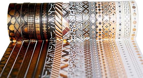 Miniatura 4 de YUBX Juego de 20 rollos de cinta washi con impresión de papel de aluminio negro dorado para artes, manualidades, diarios de viñetas, planificadores,
