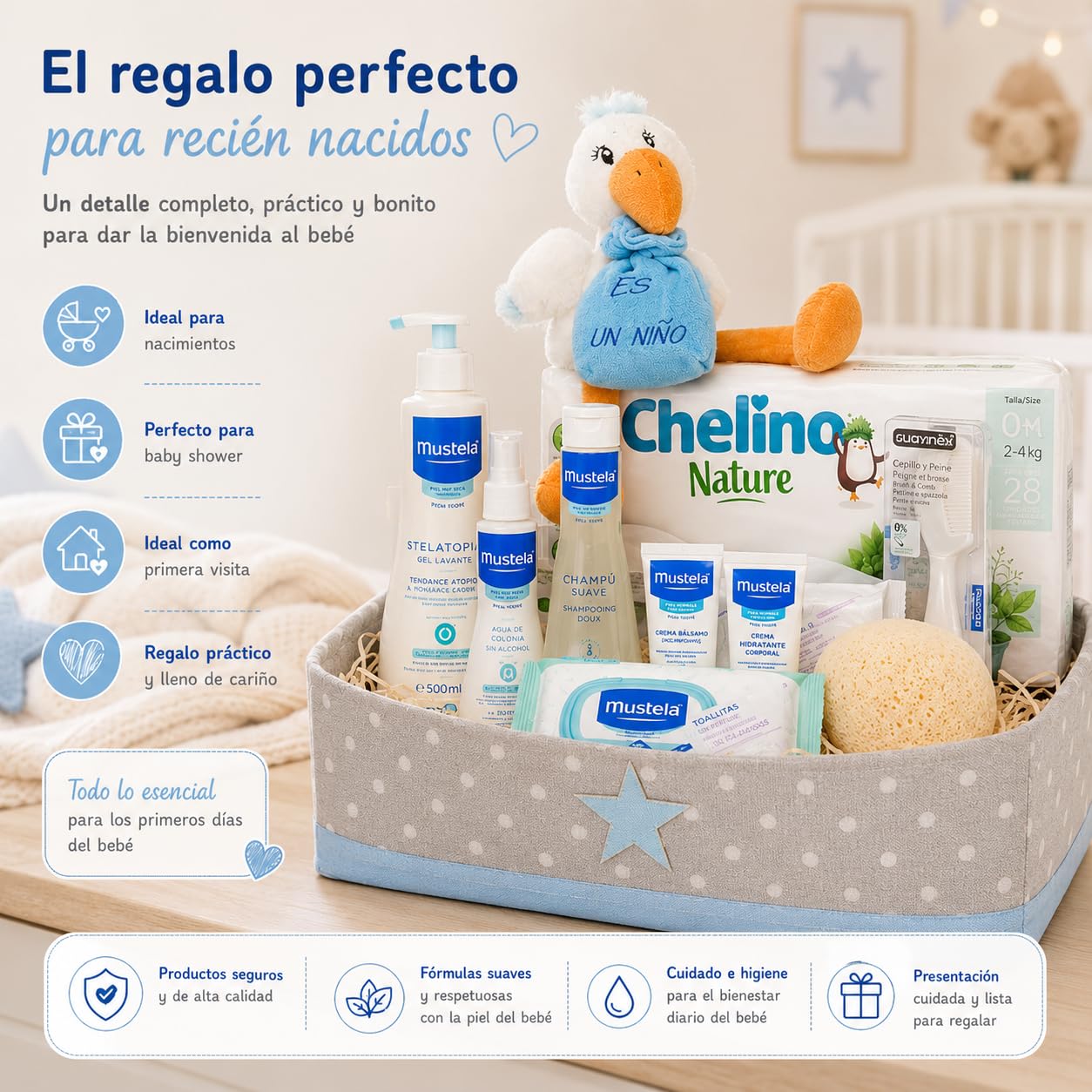 Canastilla Bebé Supreme | Cesta Regalo Recién Nacido | Incluye Caja Multiusos, Peluche Cigüeña, Gel, Champú, Colonia, Crema, Hidratante, Esponja, Cepillo y Peine, Toallitas y Pañales (Azul)