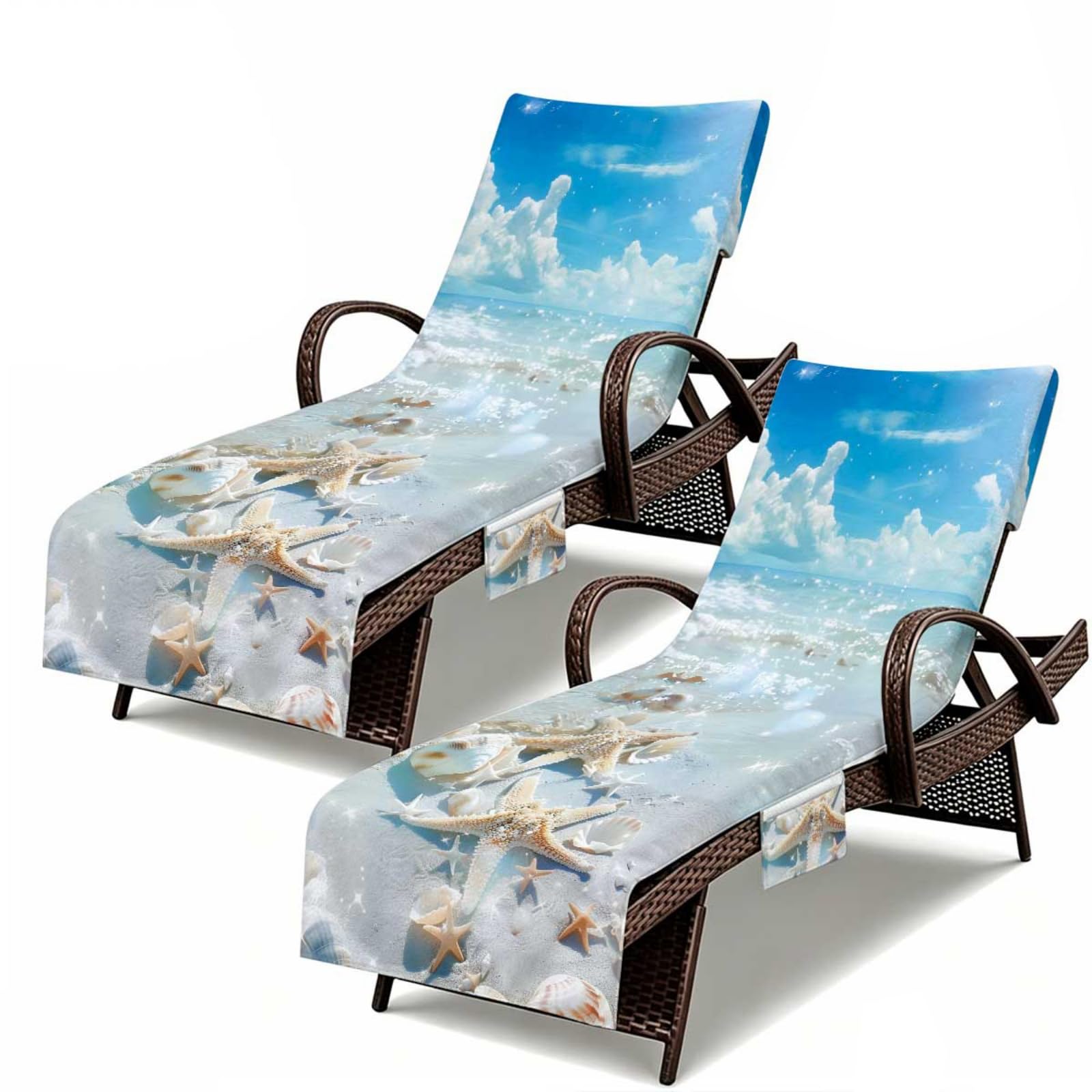 Set di 2 Telo Lettino Mare con Tasche Laterali (Stella marina 6,210x74cm)