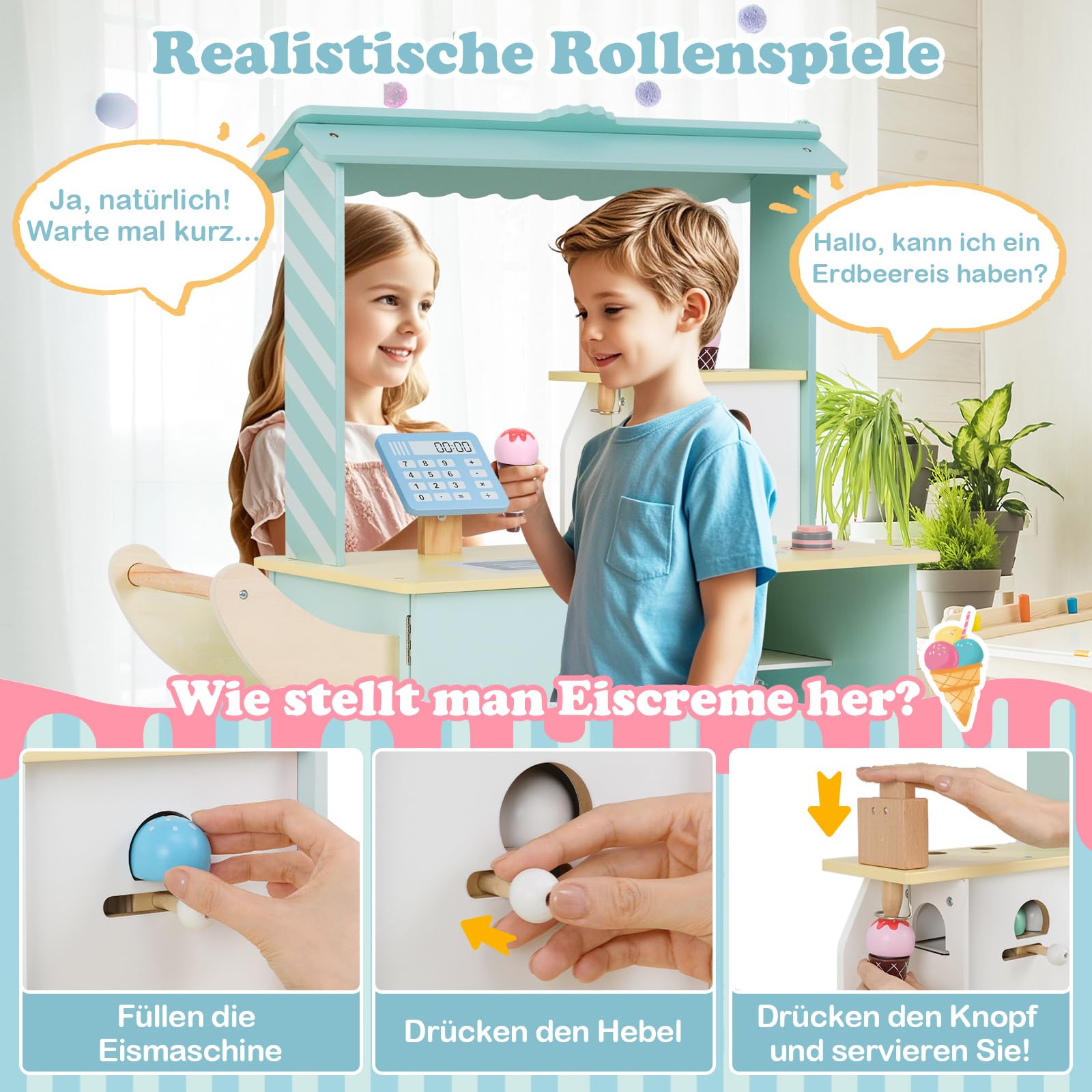 DREAMADE Kinder Eiswagen mit 15 Zubehör, Kaufladen aus Holz mit 2 Rädern & Markise, Eisstand Einkaufsladen für Kinder ab 3 Jahren (Cyan)