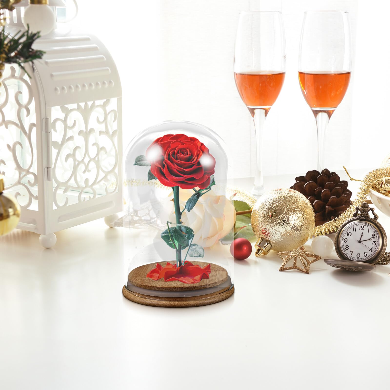 Cupola Espositiva in Vetro con Base in Bambù per Sfere Decorative e Collezioni Creative Miniature, Design a Cupola Trasparente per Centrotavola Raffinato e Decorativo