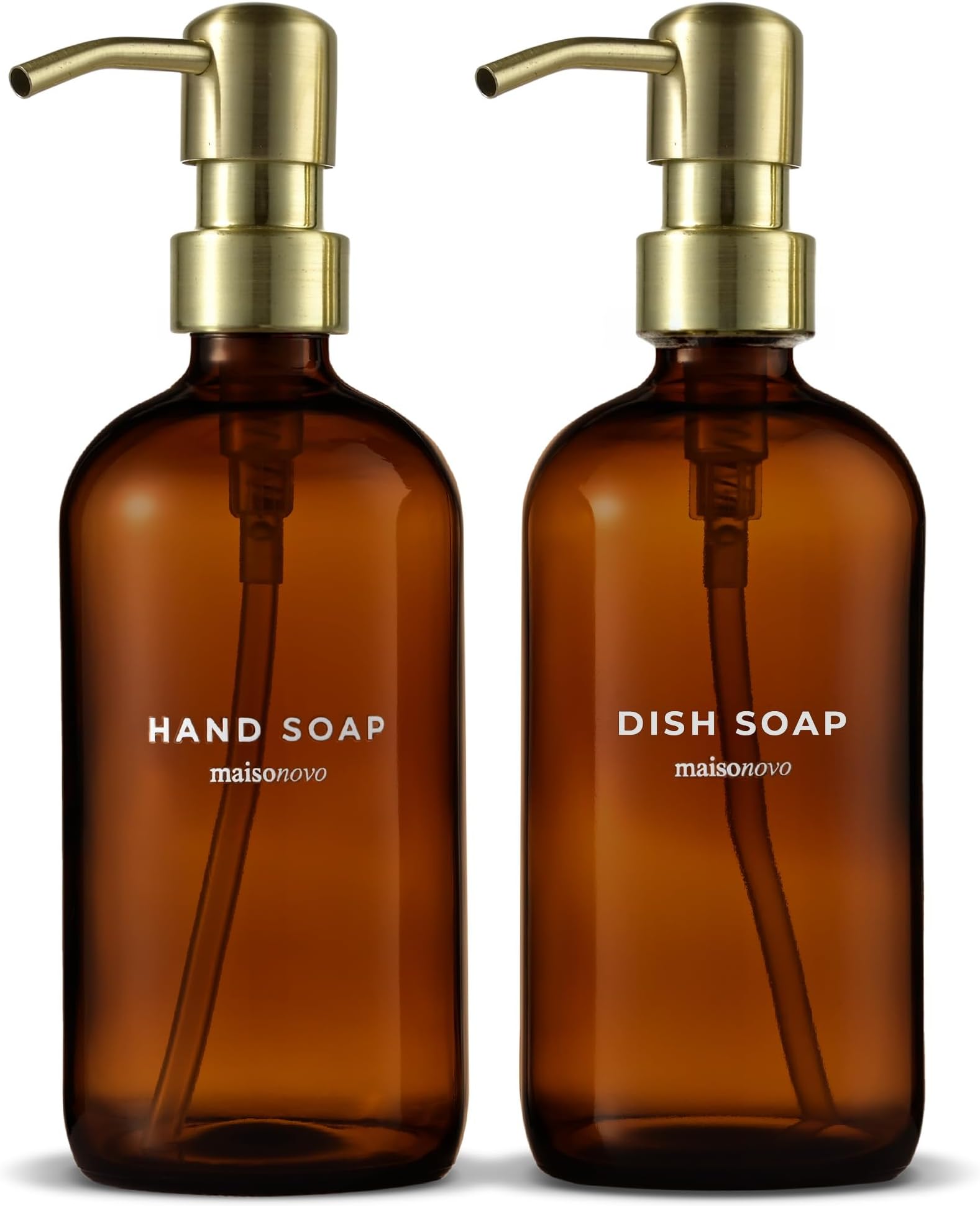 MaisoNovo Hand and Dish Soap Dispenser Kitchen Set - 500 ml Amber Glass Soap Dispenser Bottle with Pump Golden x 2, Waterproof Labels