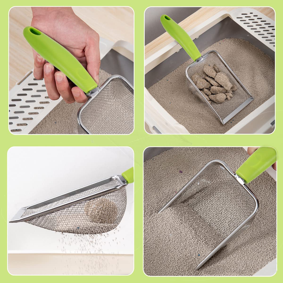 3 cucharas de arena de acero inoxidable para gatos, limpiador de arena de esquina, fácil de limpiar, pala de arena para gatos, pala de arena para terrarios de reptiles