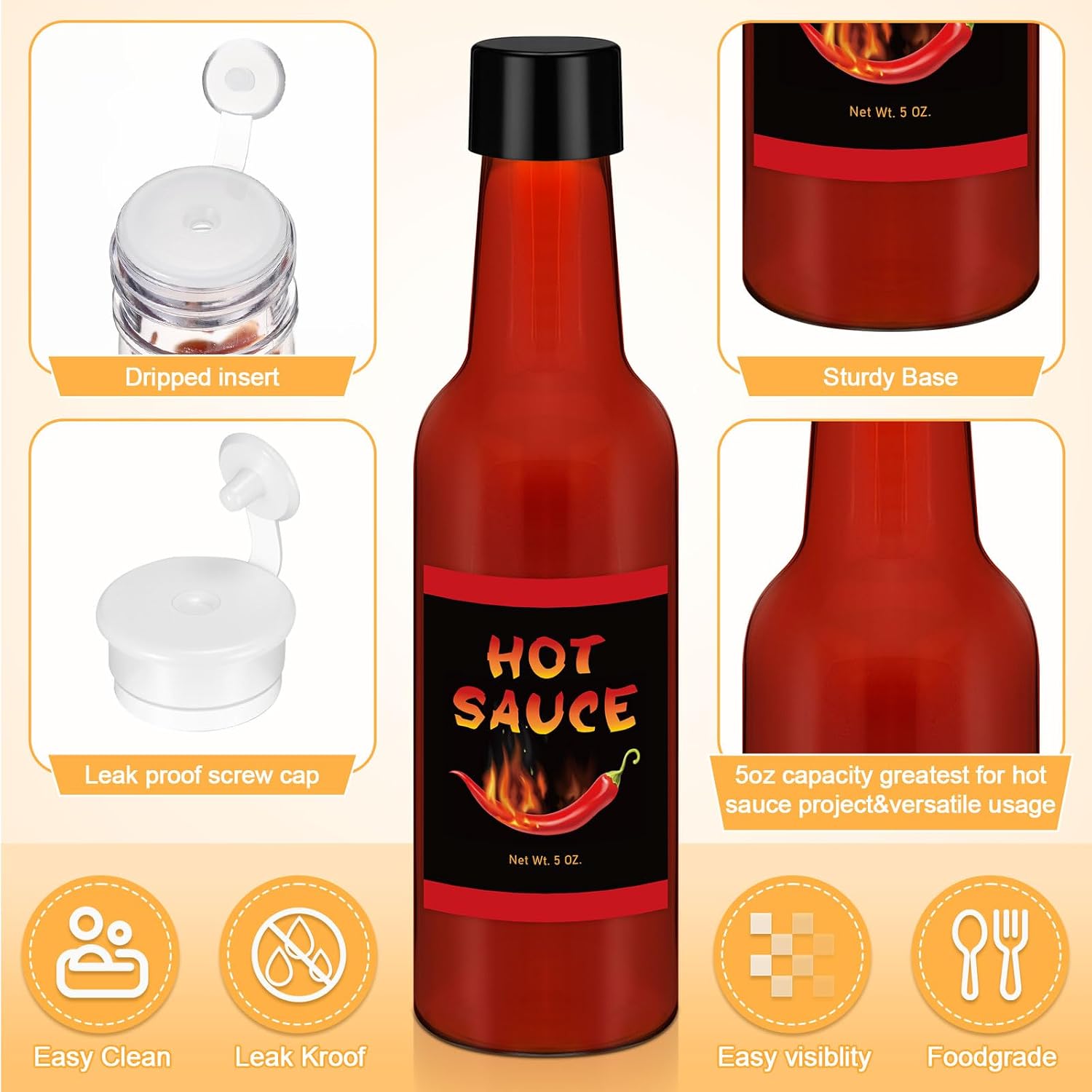 LemonRoad 20 Set 5 oz Hot Sauce Bottles, Plastic Clear Woozy Bottles with Leak Proof Black Screw Cap and Label, Small Liquor Wine Containers for Kitchen Sauce Salad Dressing Syrup Supply Souvenir