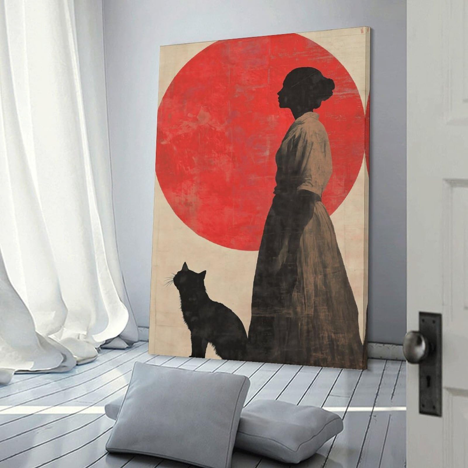 Junmoney Silhouette Woman And Cat Hanging Wall Art, 20x30inch(50x75cm), for Home Walls, Creative Rooms Or Shared Spaces, A Flexible Wall Accent for Shared Spaces