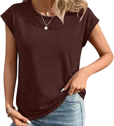 Women's Tops Crew Neck Cap Sleeve T-Shirt Spring Summer Basic tees Blouses Fashi