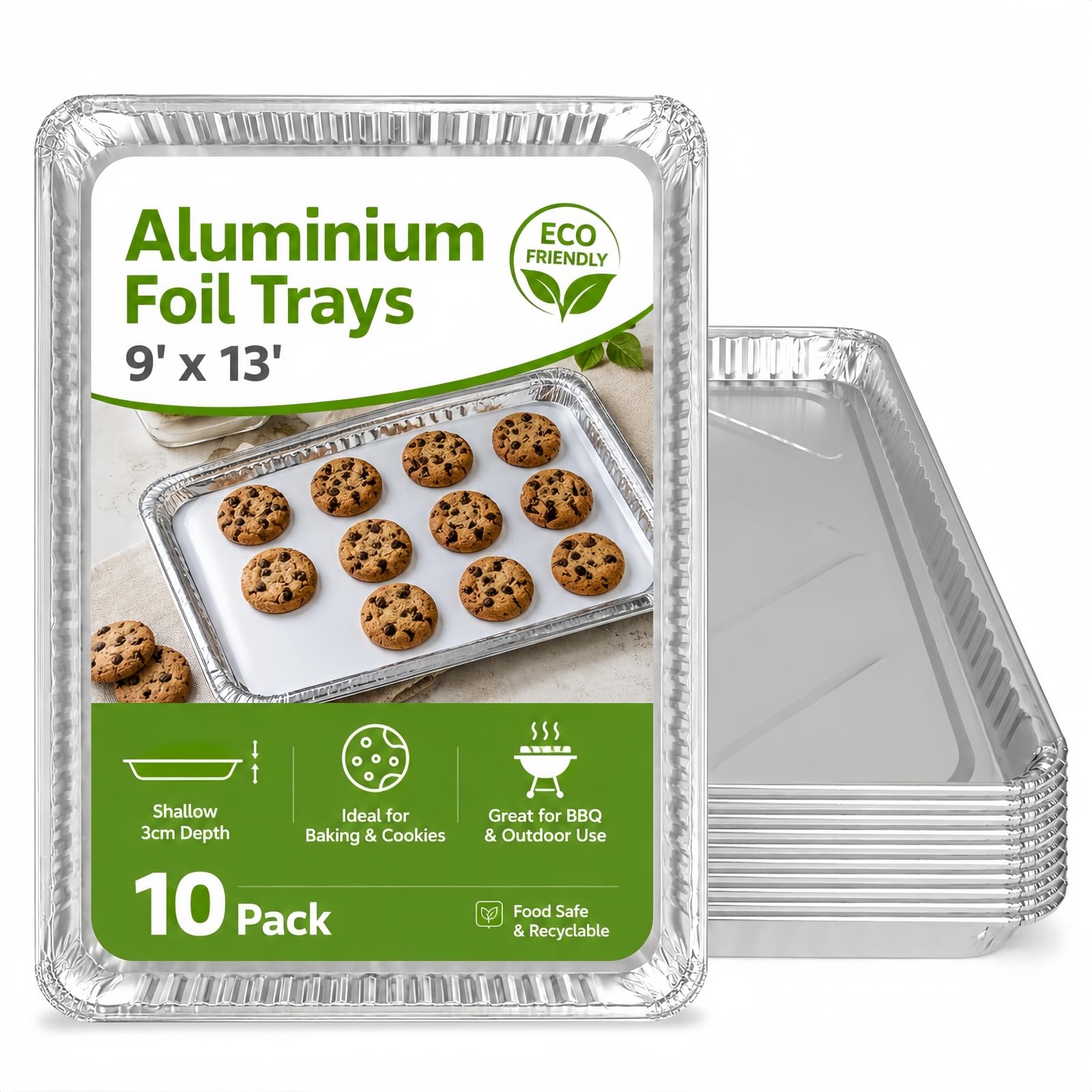 10 Pack Disposable Aluminium Foil Trays 32x21x3cm - Heavy Duty Tin Foil Baking Trays for Oven Roasting, BBQ, Catering & Meal Prep - Recyclable Food Storage Containers, Freezer Safe Without Lids (10) โ image 1