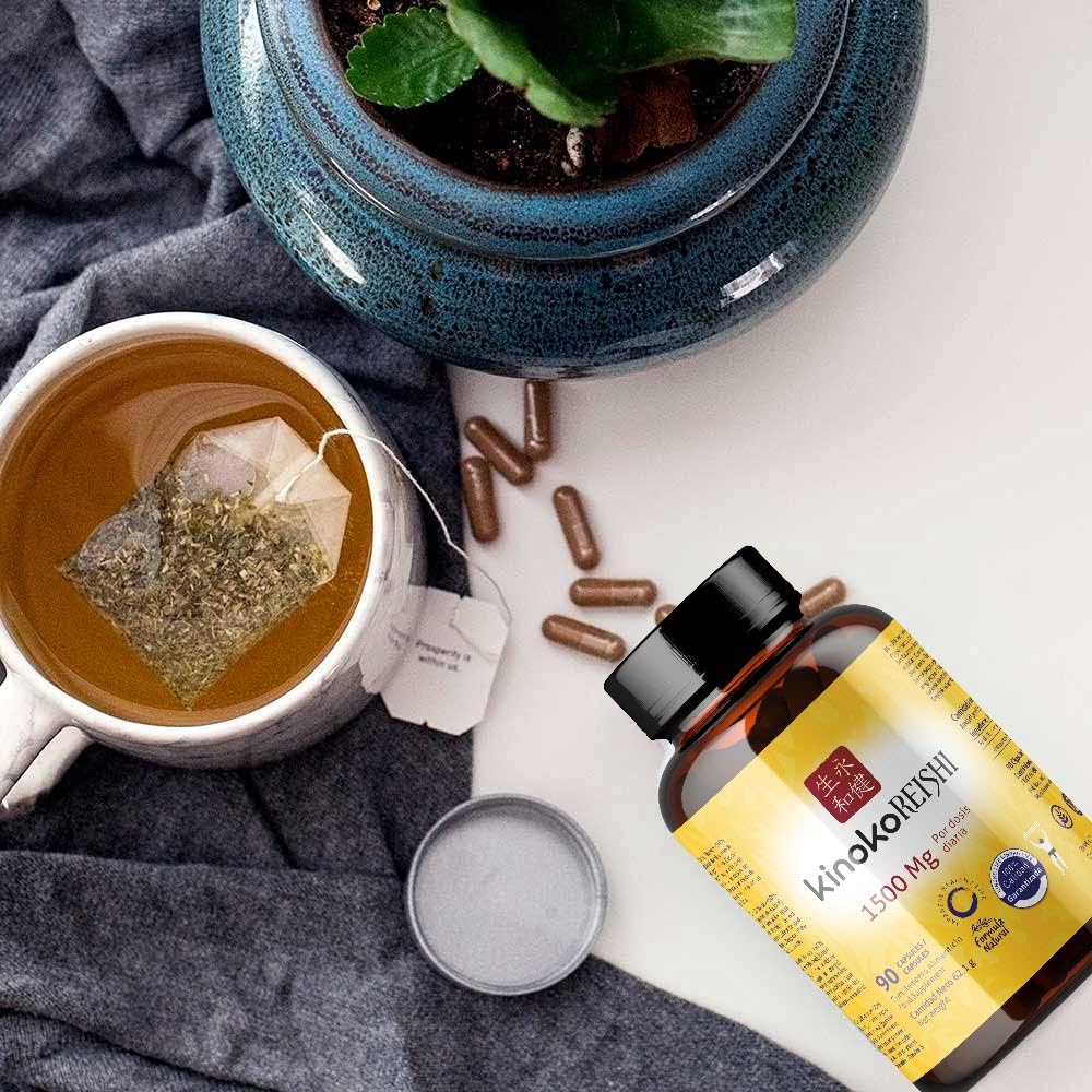 Reishi Puro Cápsulas 1500 mg Ganoderma Lucidum Rojo Extracto Concentrado 20:1 con 50% Polisacáridos Beta Glucanos 90 Cápsulas Veganas. KinokoReishi