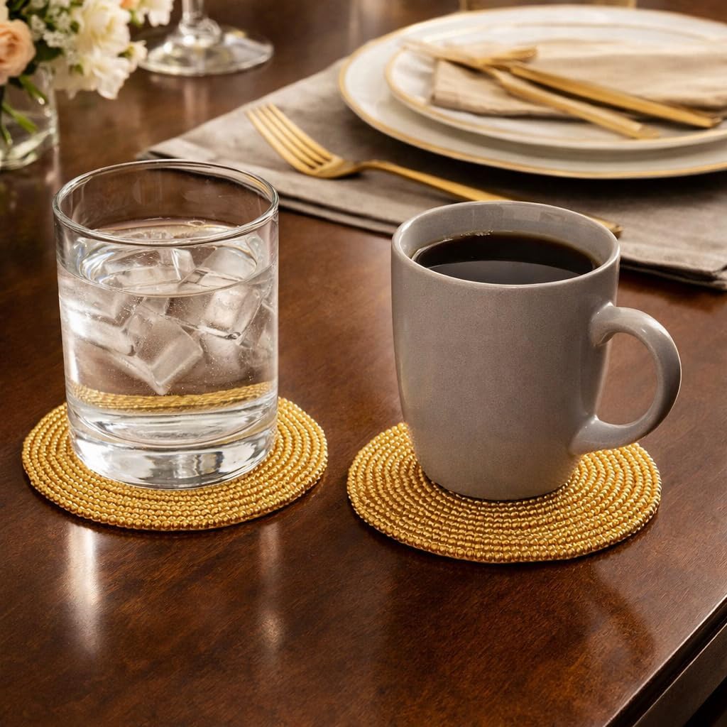 Gold Beaded Coasters Set – Handmade Round Drink Coasters with Non-Slip Fabric Backing, Heat Resistant Table Protection for Coffee Table, Dining Table & Home Decor (Set of 6)