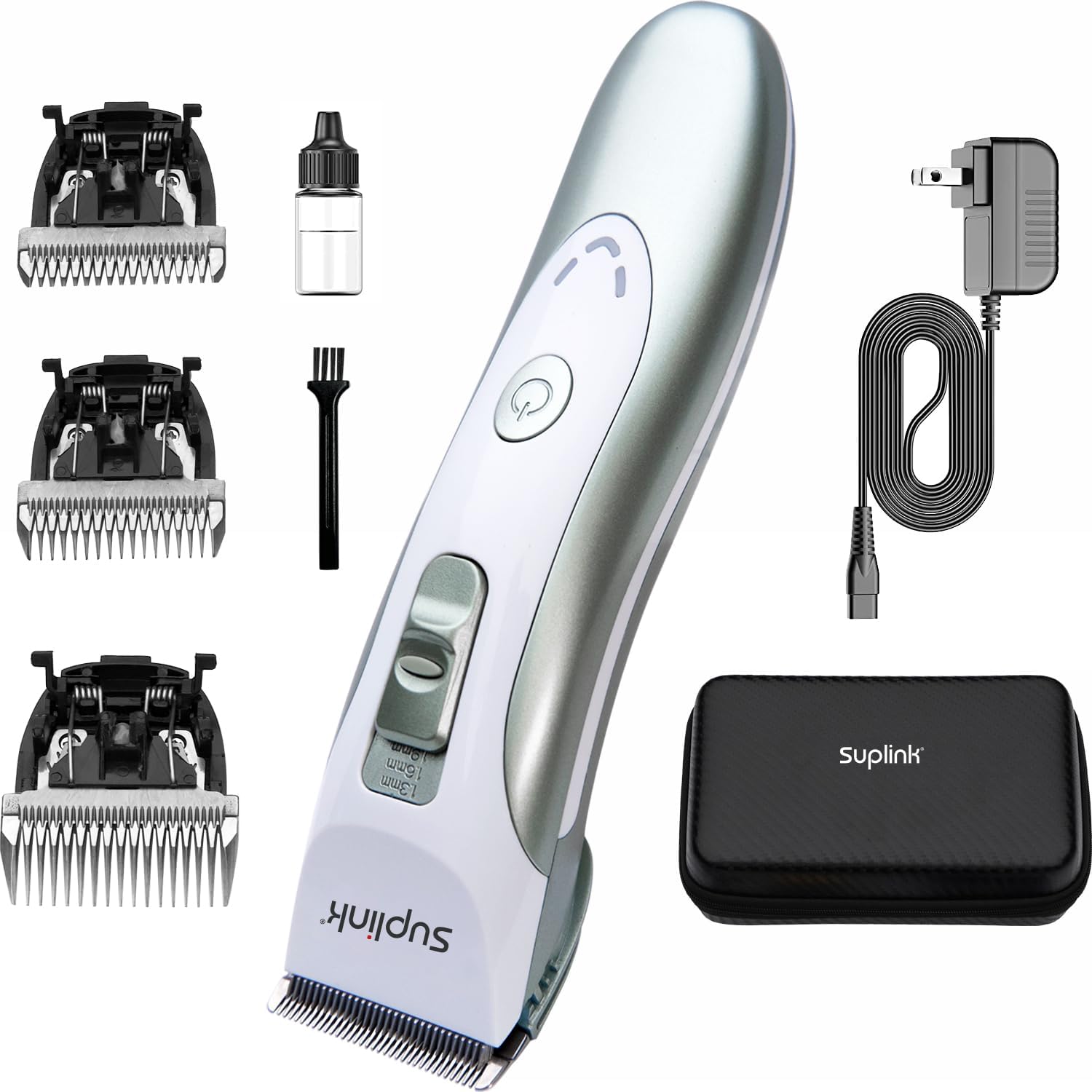 suplink Professional Dog Clippers for Thick Coats, Low Noise Cordless Grooming Clippers with Detachable Blades (1mm, 3mm, 6mm, 9mm), Rechargeable, Quiet Clippers for Sensitive Pets & Home Use