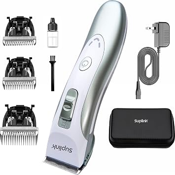 suplink Professional Dog Clippers for Thick Coats, Low Noise Cordless Grooming Clippers with Detachable Blades 1mm, 3mm, 6mm, 9mm, Rechargeable, Quiet Clippers for Sensitive Pets & Home Use