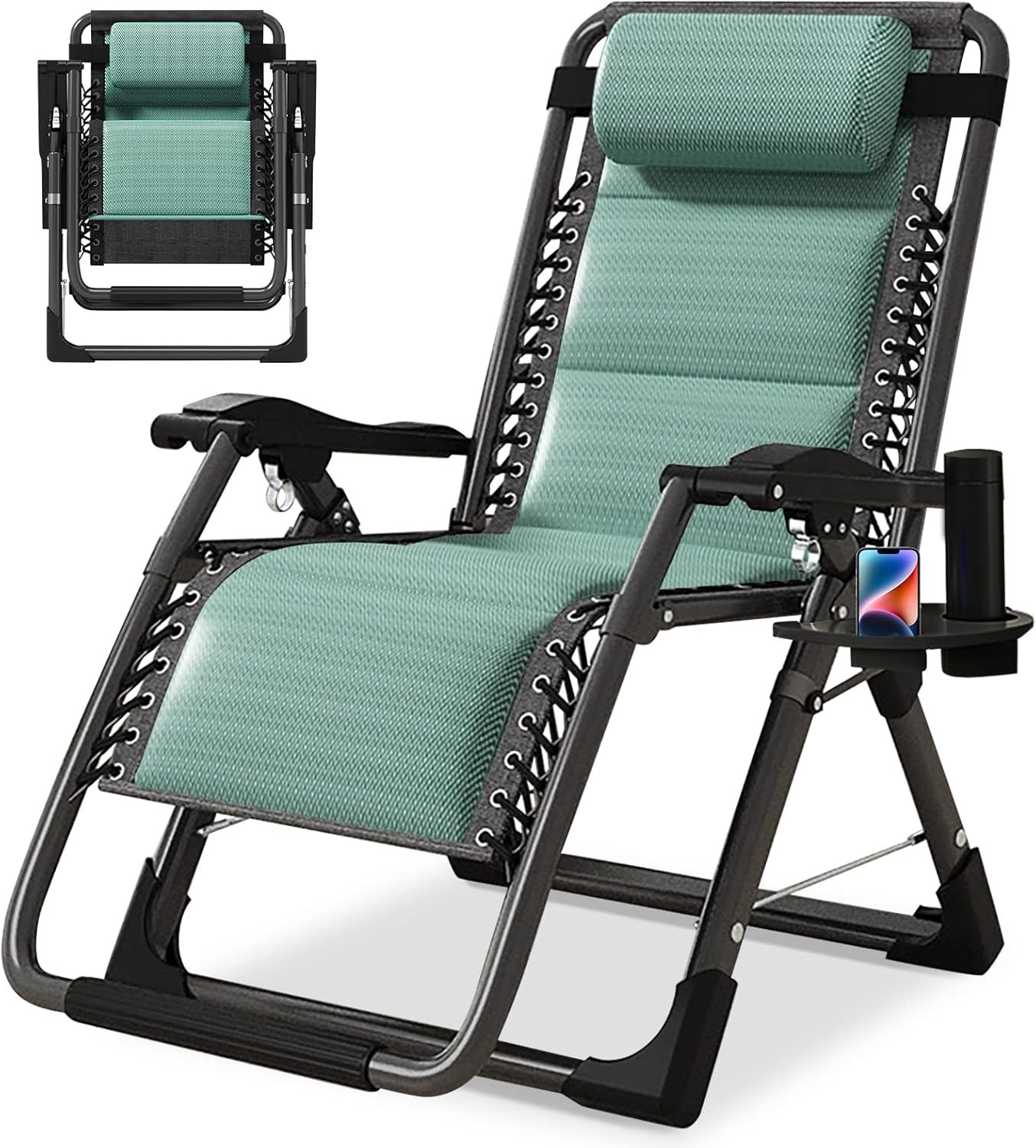 Barbella Zero Gravity Chair Reclining Lounge Chair Patio Chairs, Adjustable Lawn Recliner Folding Lounge Recliners with Removable Cushion, Headrest & Cup Holder, Ice Touch Silk Reclining Chair