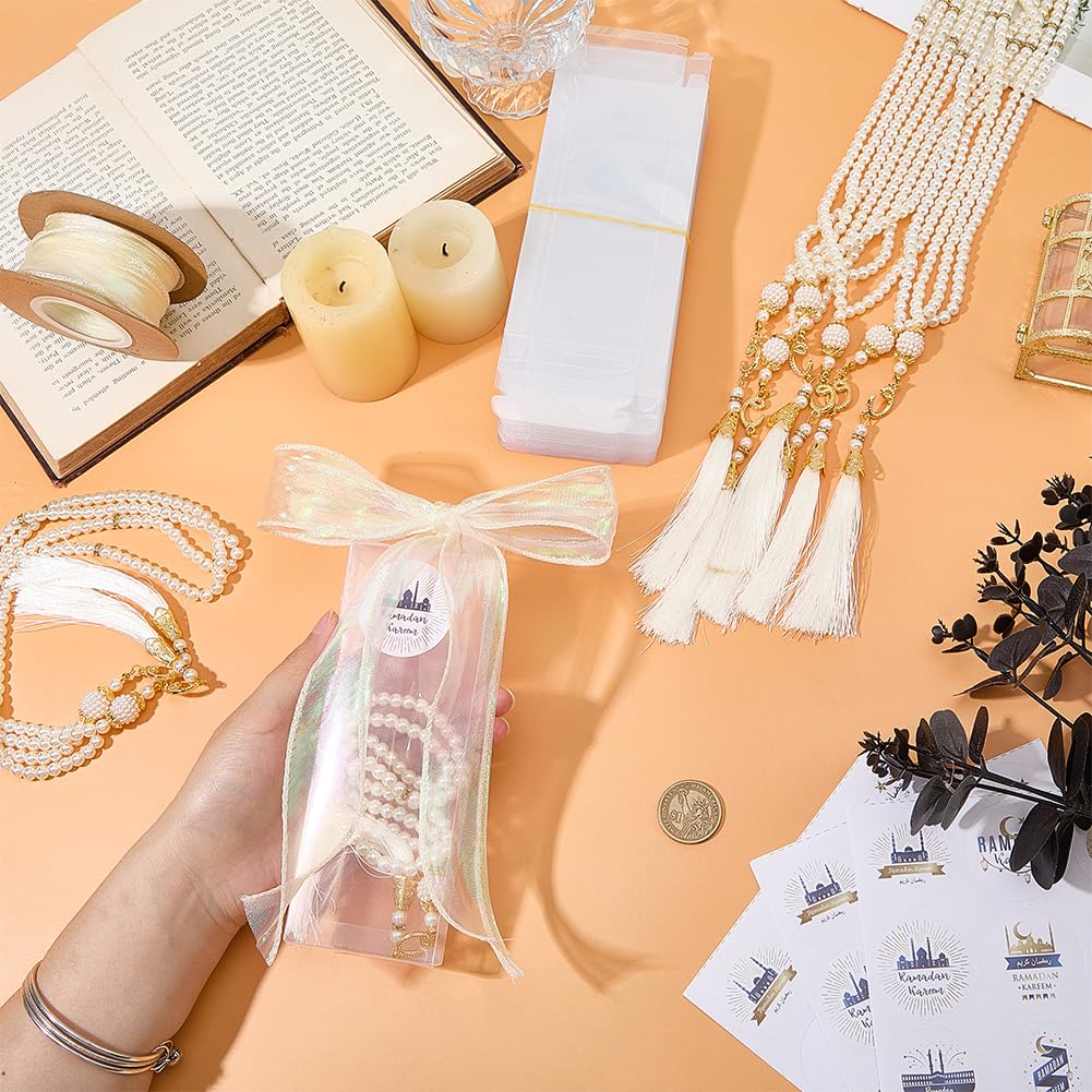 OLYCRAFT Set di 27 perline di preghiera islamiche bianche, per preghiera, bomboniere, con perle di vetro, nastro in organza di nylon, adesivi di carta e scatole di imballaggio, per festival, feste