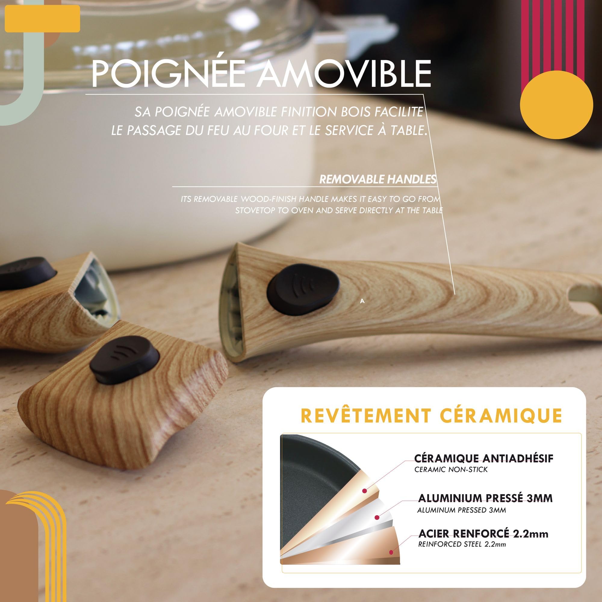 MENASTYL - Set culinaire multi-usages amovible Crème 28cm en aluminium - Ustensile tout-en-un compatible tous feux et lave-vaisselle - Revêtement en céramique - 6020897