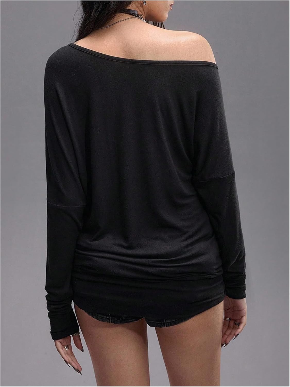 MakeMeChic Women's Y2K Punk Tees Long Sleeve Asymmetrical One Shoulder Fitted Tops - Image 2