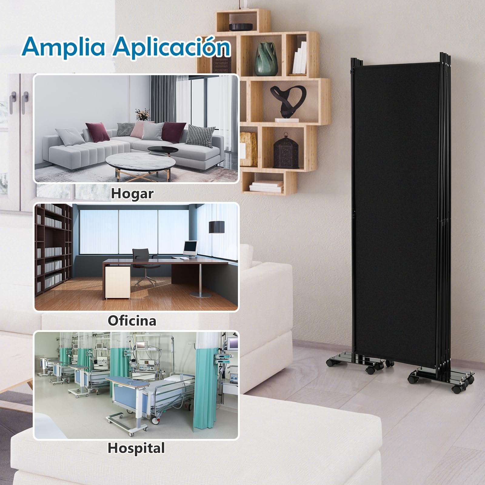 GOPLUS Biombo Separador de Ambientes de 6 Paneles con 14 Ruedas Bloqueables, Biombo Plegable de Tela con Marco de Metal para Privacidad, Divisor para Salón Dormitorio Oficina (Negro)