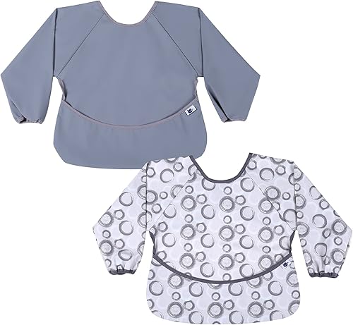 SPINFOX Paquete de 2 baberos impermeables para bebé, baberos para comer con bolsillo para atrapar alimentos, babero suave a prueba de desorden para
