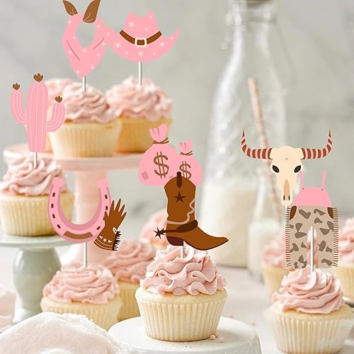 Miniatura 3 de 24 adornos para cupcakes de vaquera, 8 formas de sombreros rosados, botas de cactus para cupcakes, My First Rodeo Western Theme Baby Shower, fiesta