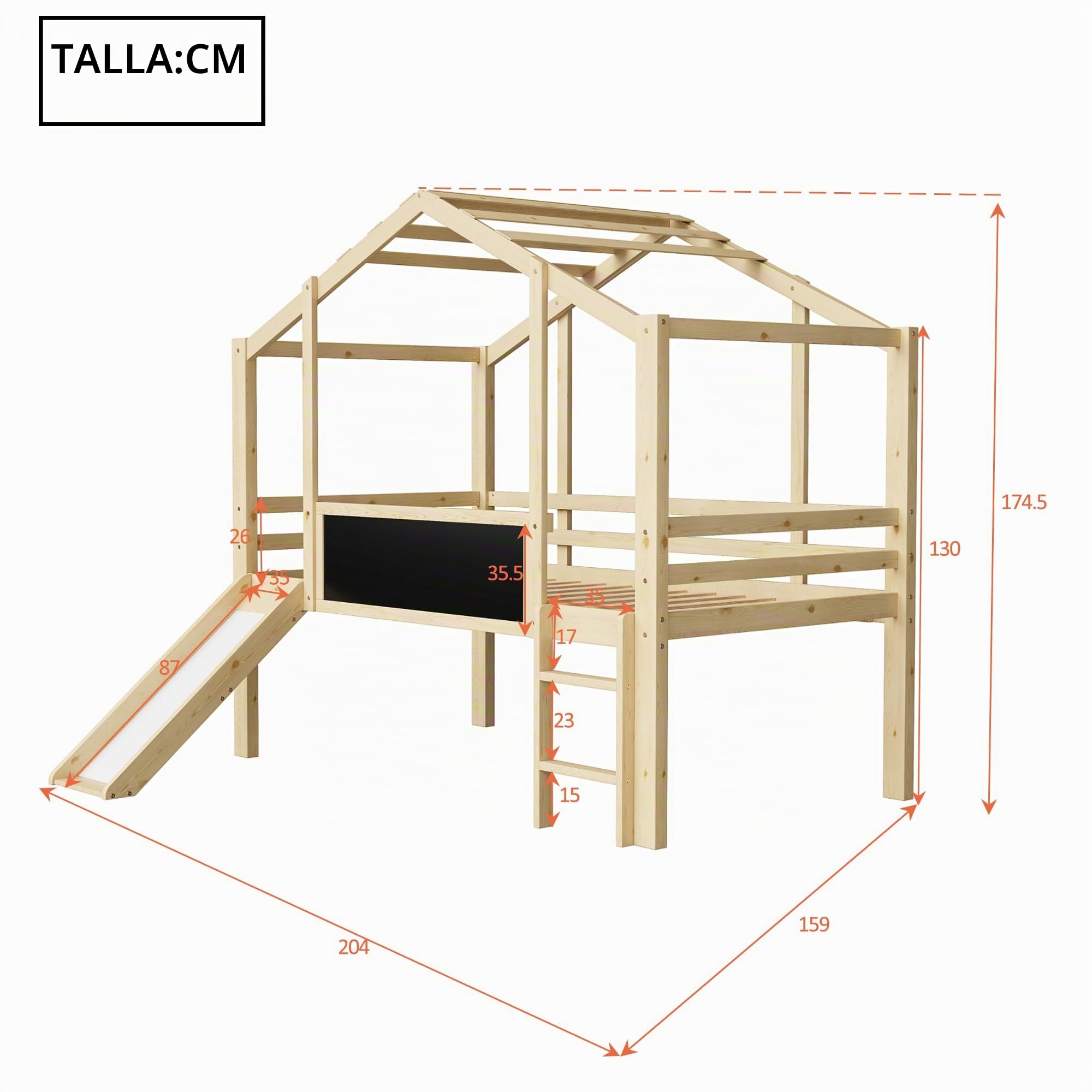 Cama infantil de 90 x 200 cm con escalera y tobogán, con pizarra, diseño de casita, cama alta de madera maciza (sin colchón) (natural)